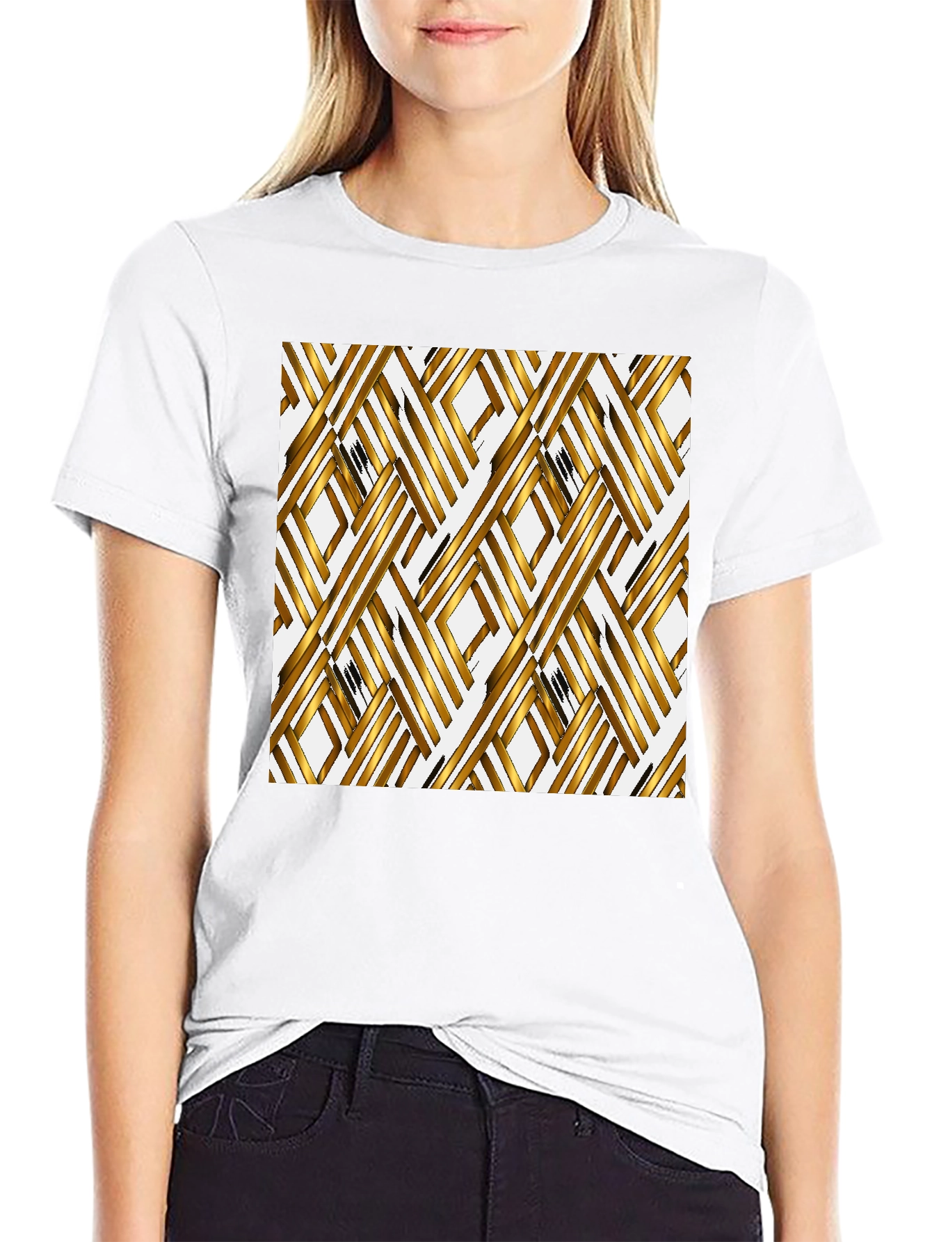 Gold Geometric Pattern Black T-Shirt
