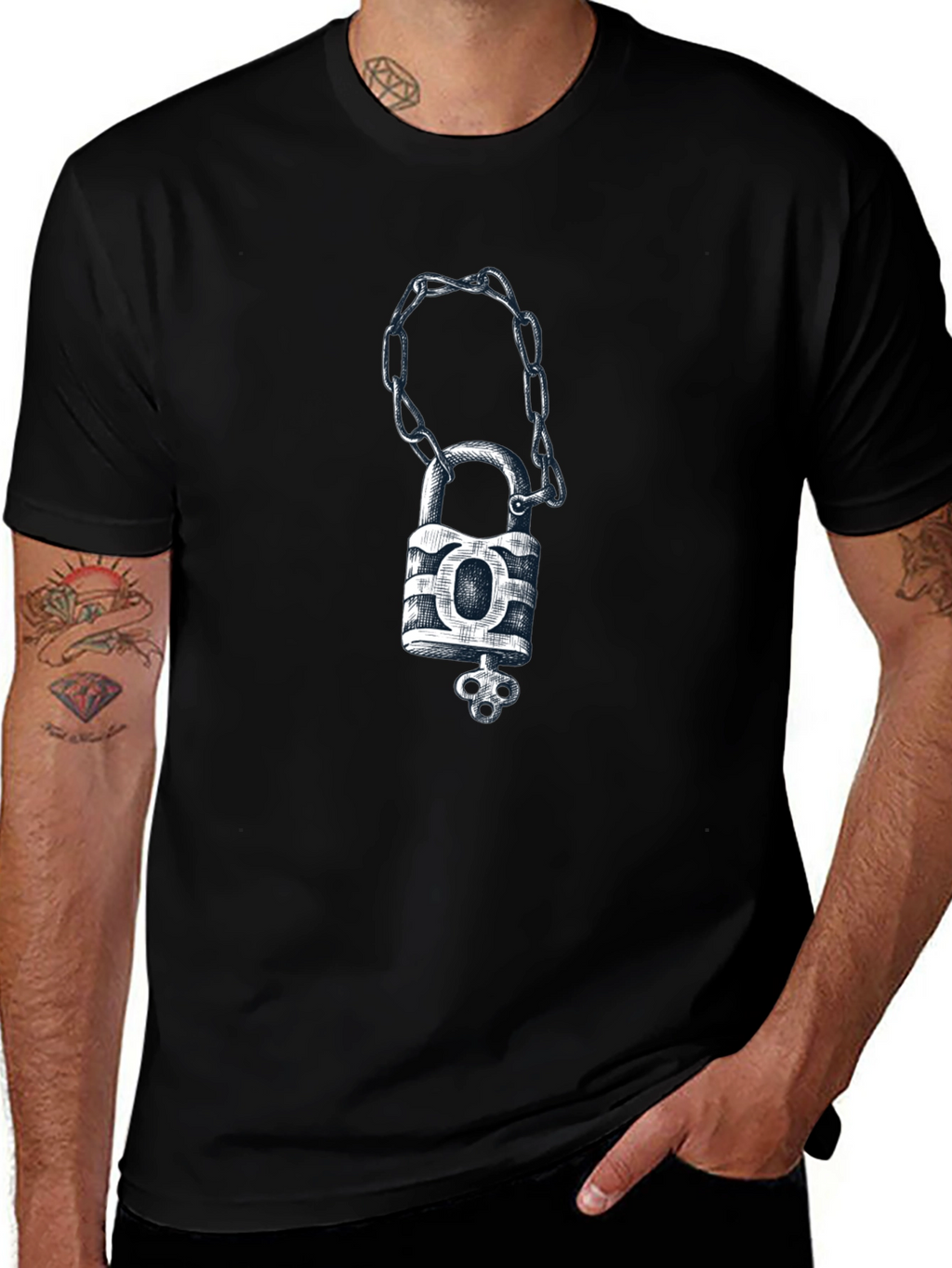Padlock & Chain Graphic Tee - Mens Black T-Shirt