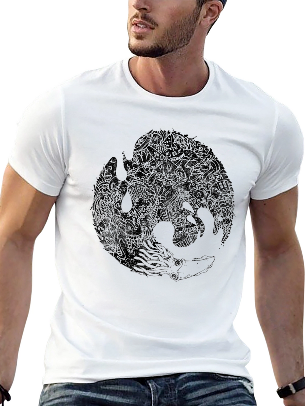 Mens Black Graphic Tee - Octopus & Phoenix