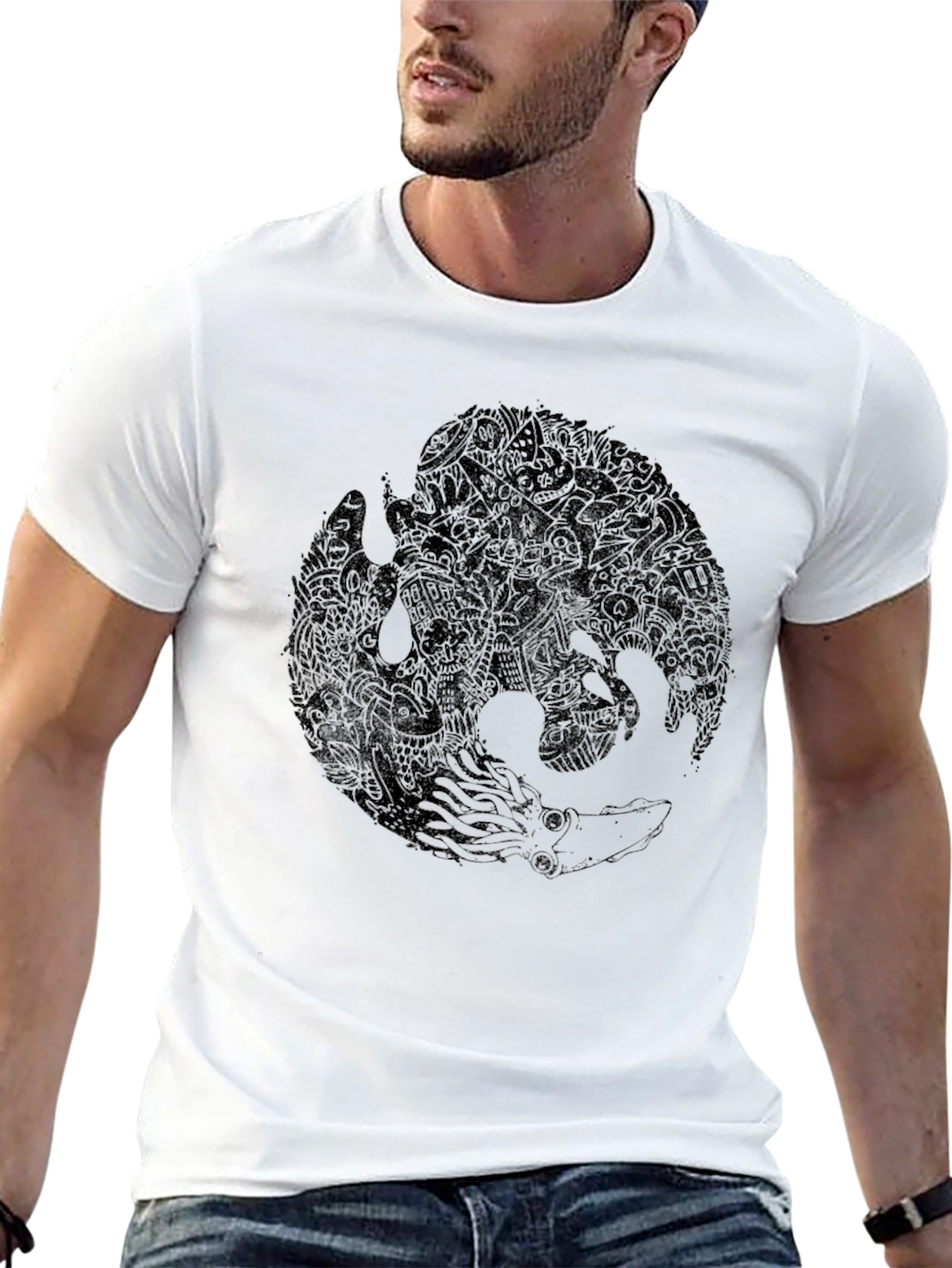 Mens Black Graphic Tee - Octopus & Phoenix