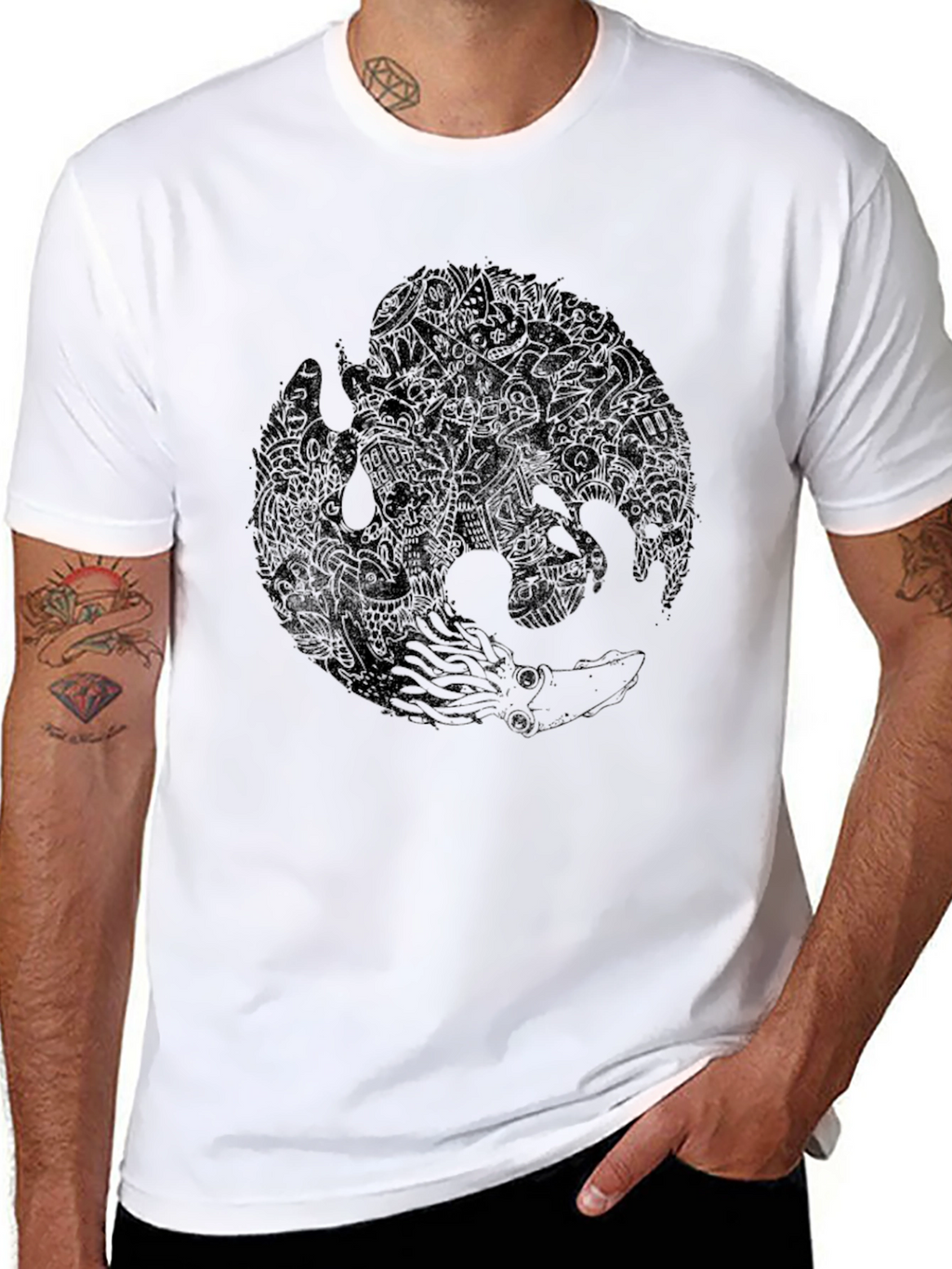 Mens Black Graphic Tee - Octopus & Phoenix