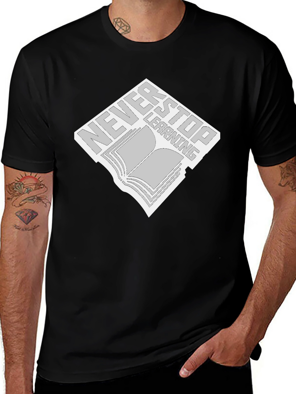 Never Stop Learning Black T-Shirt - Book Design