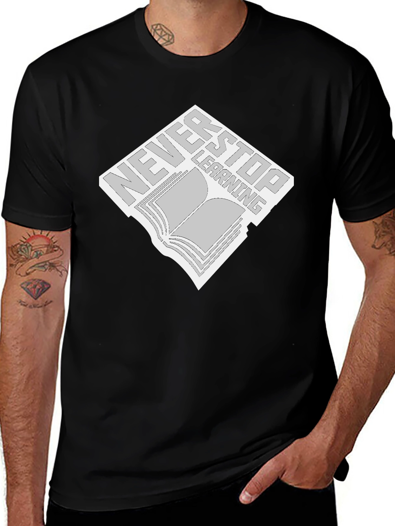 Never Stop Learning Black T-Shirt - Book Design