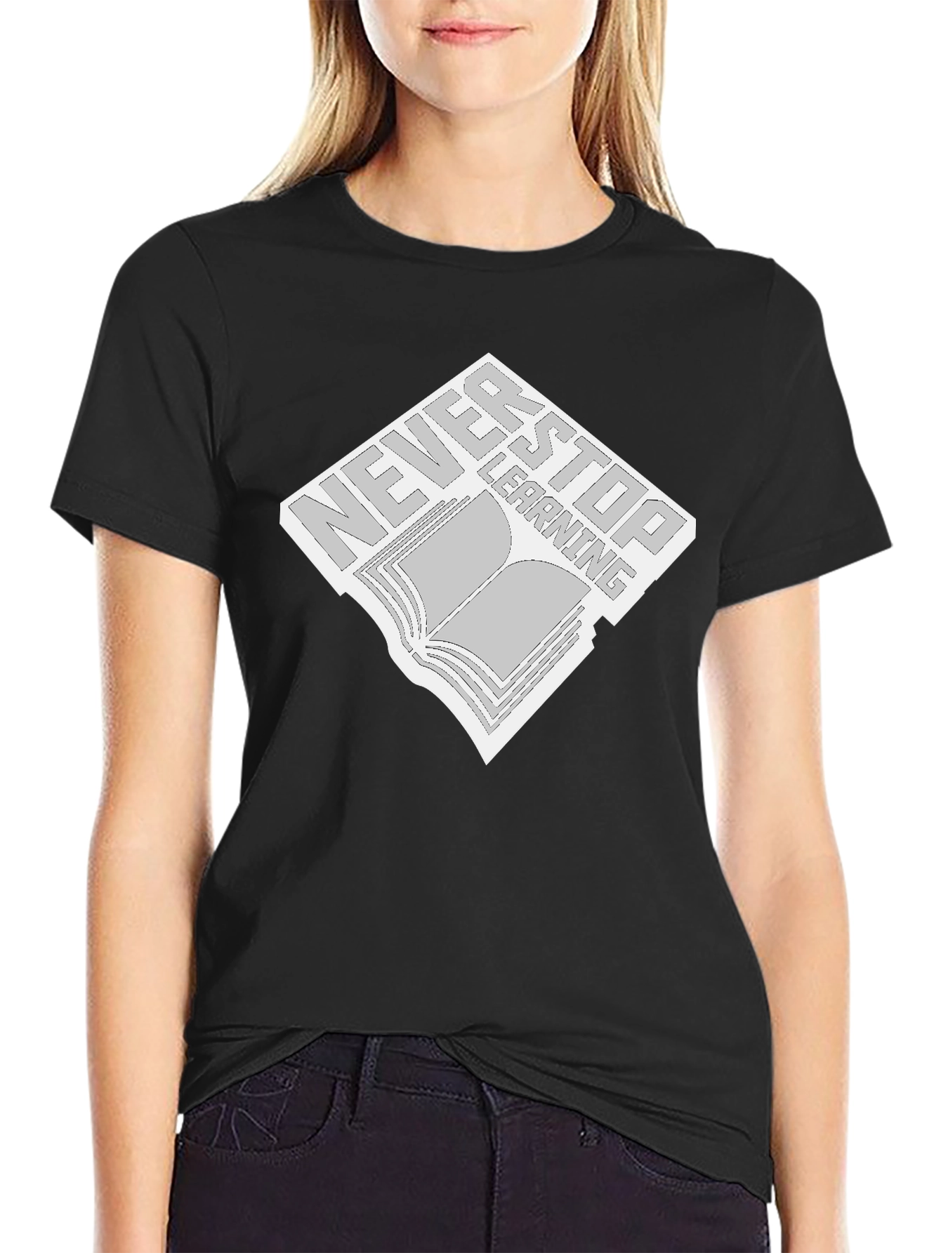 Never Stop Learning Black T-Shirt - Book Design