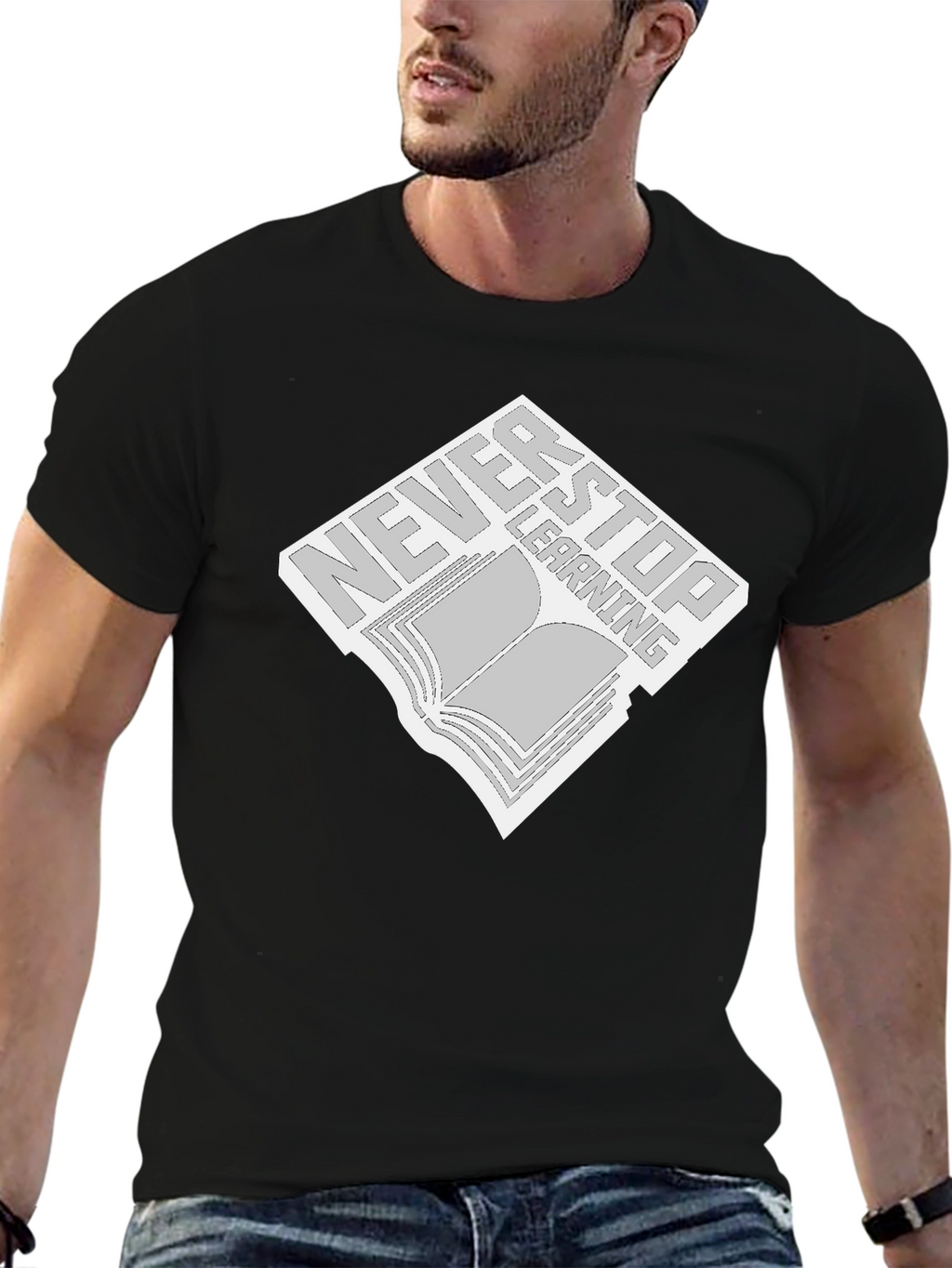 Never Stop Learning Black T-Shirt - Book Design