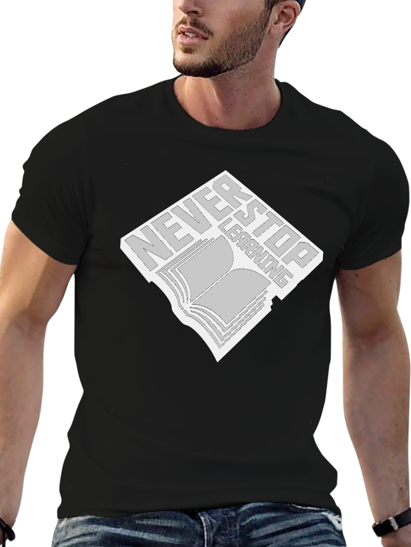 Never Stop Learning Black T-Shirt - Book Design