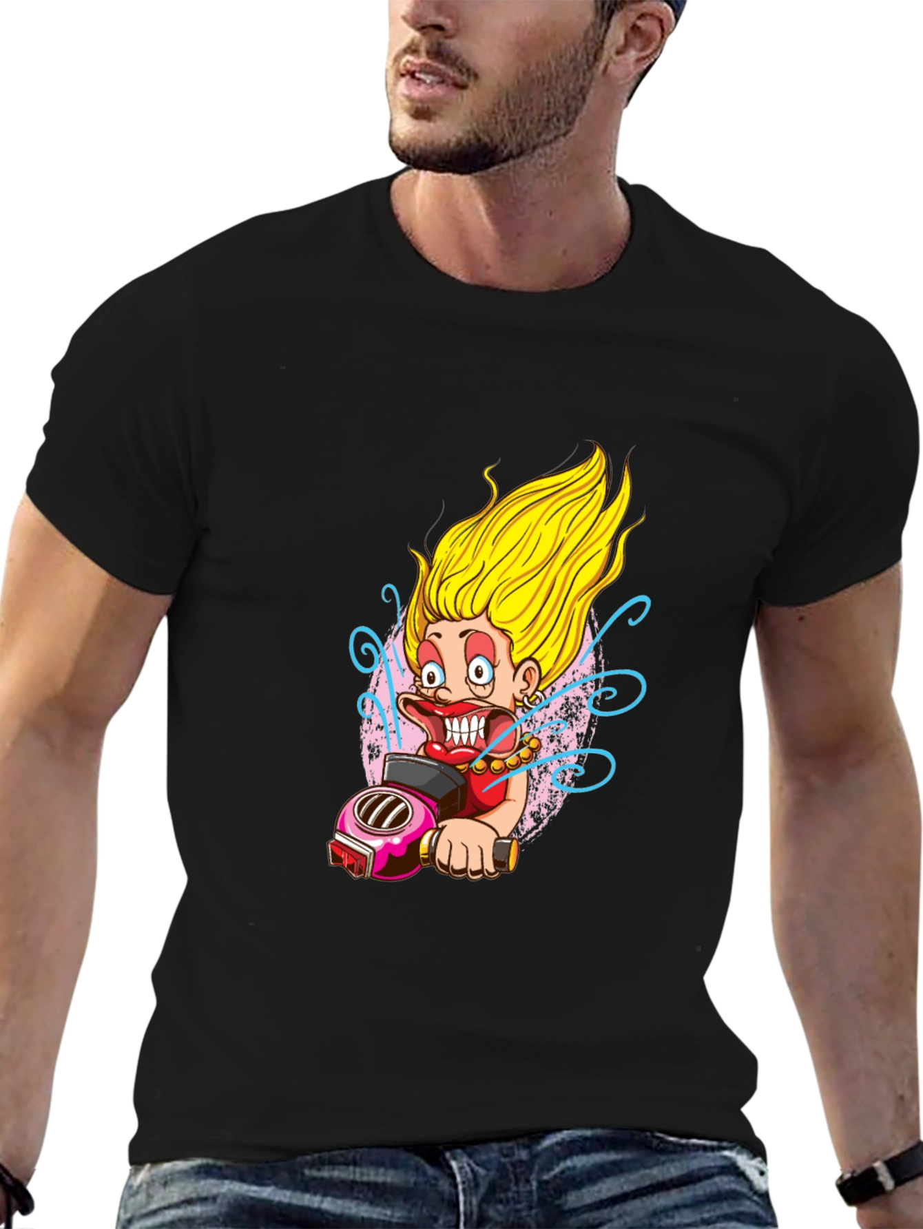 Fun Cartoon Biker Graphic Tee - Black