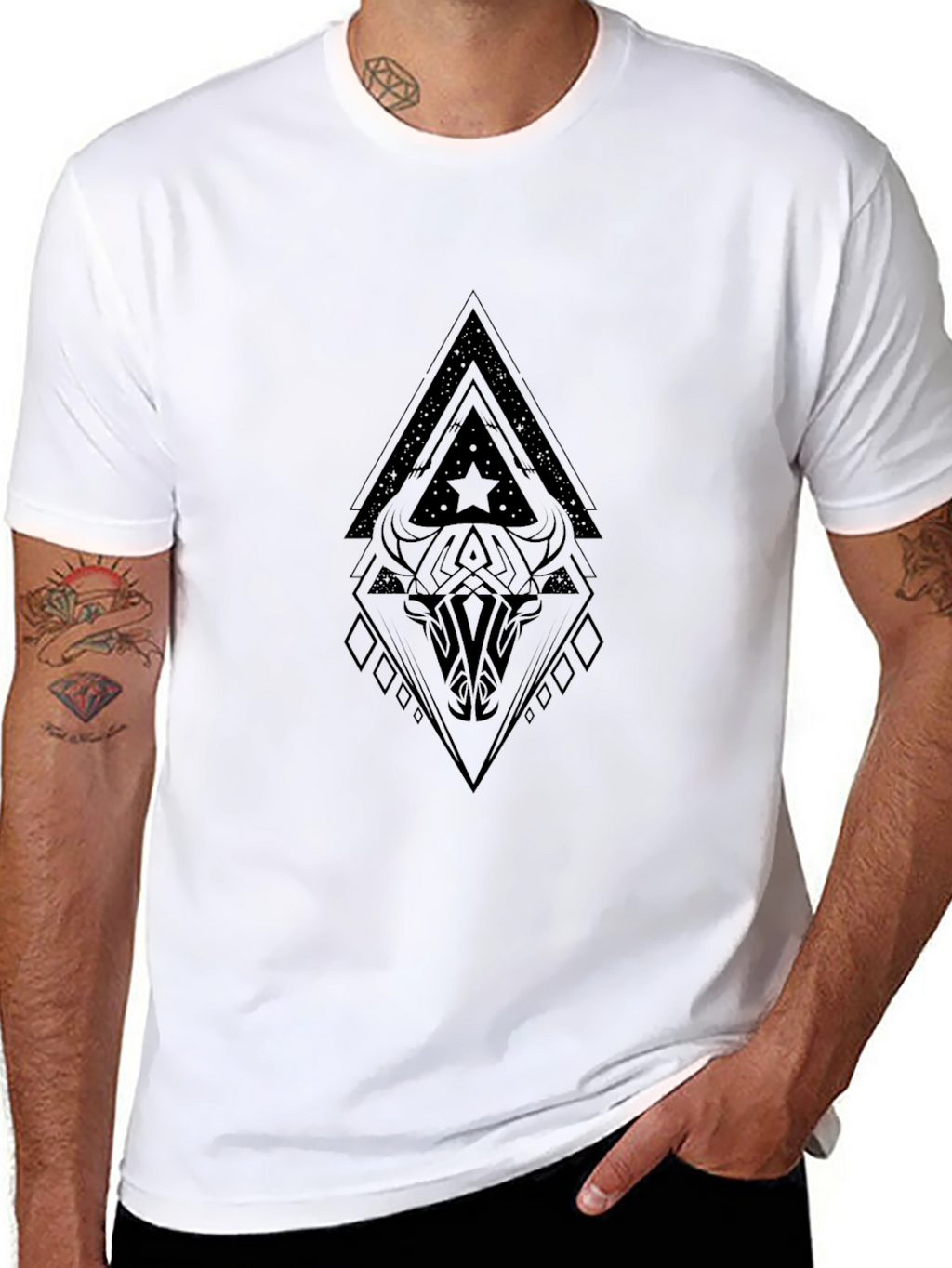 Geometric Bull Skull Graphic Black T-Shirt