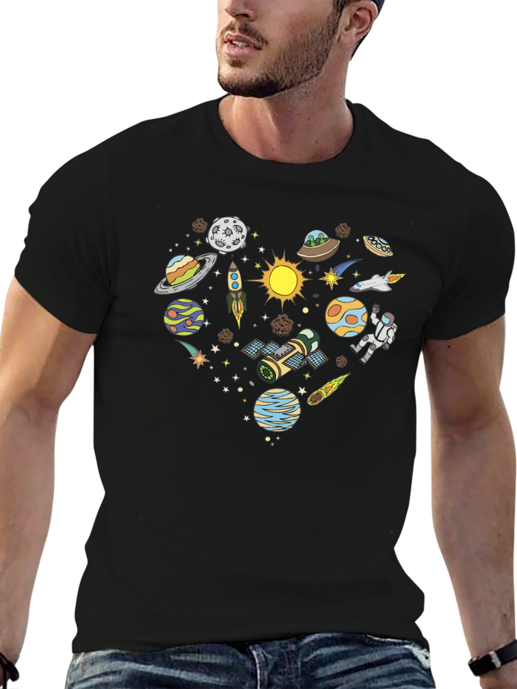 Space Heart Graphic Tee - Black Cotton Shirt