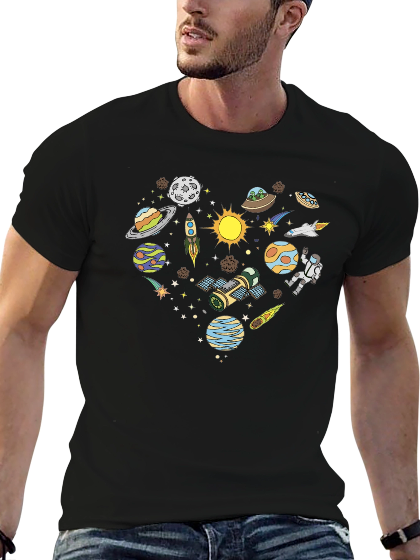 Space Heart Graphic Tee - Black Cotton Shirt