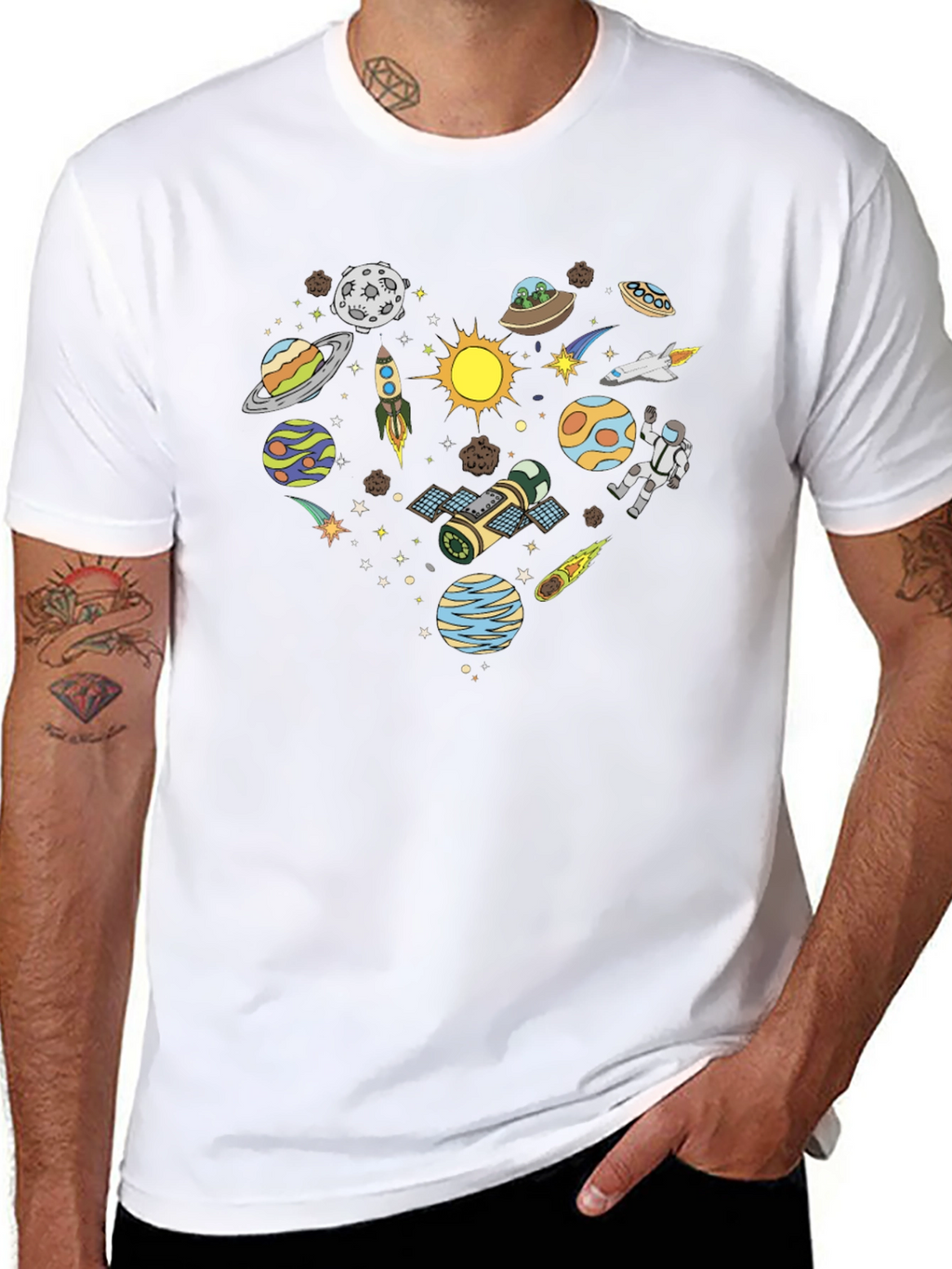 Space Heart Graphic Tee - Black Cotton Shirt