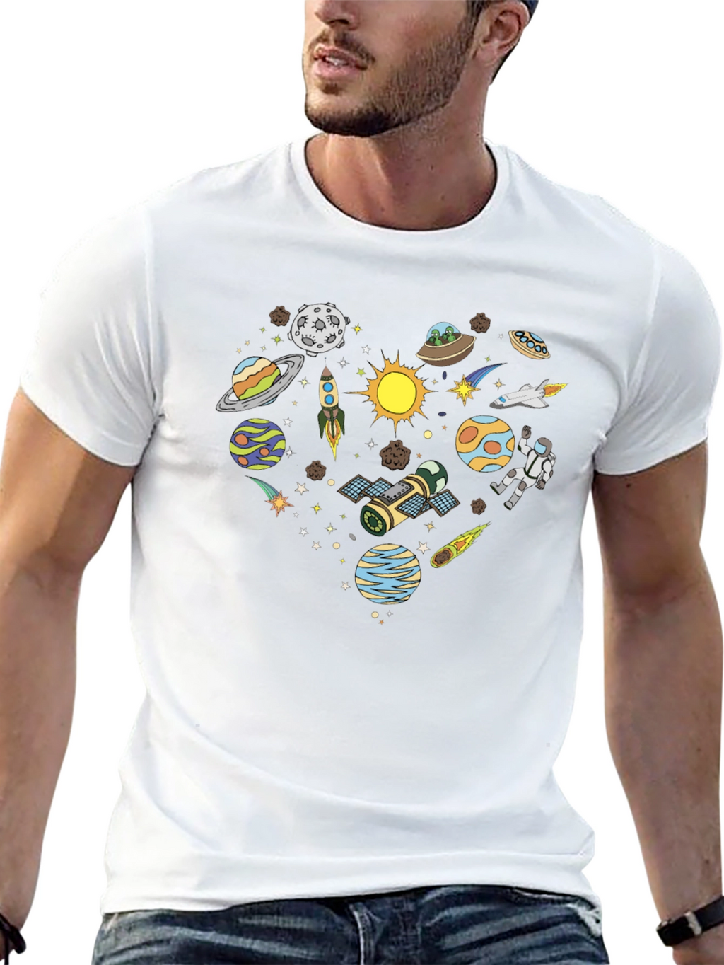 Space Heart Graphic Tee - Black Cotton Shirt