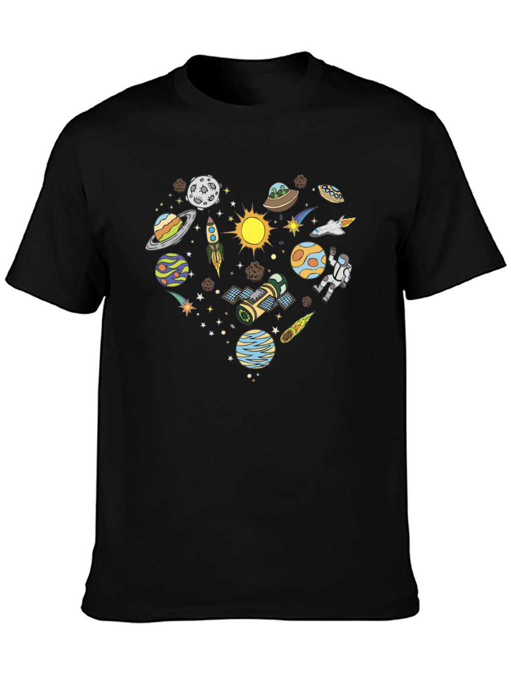 Space Heart Graphic Tee - Black Cotton Shirt