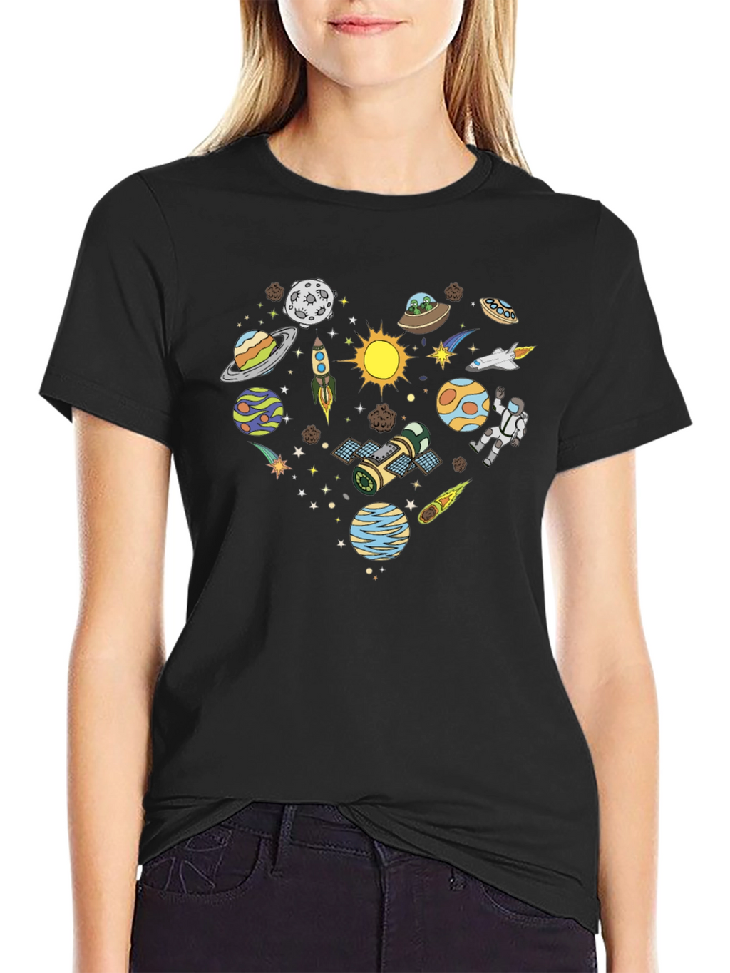 Space Heart Graphic Tee - Black Cotton Shirt