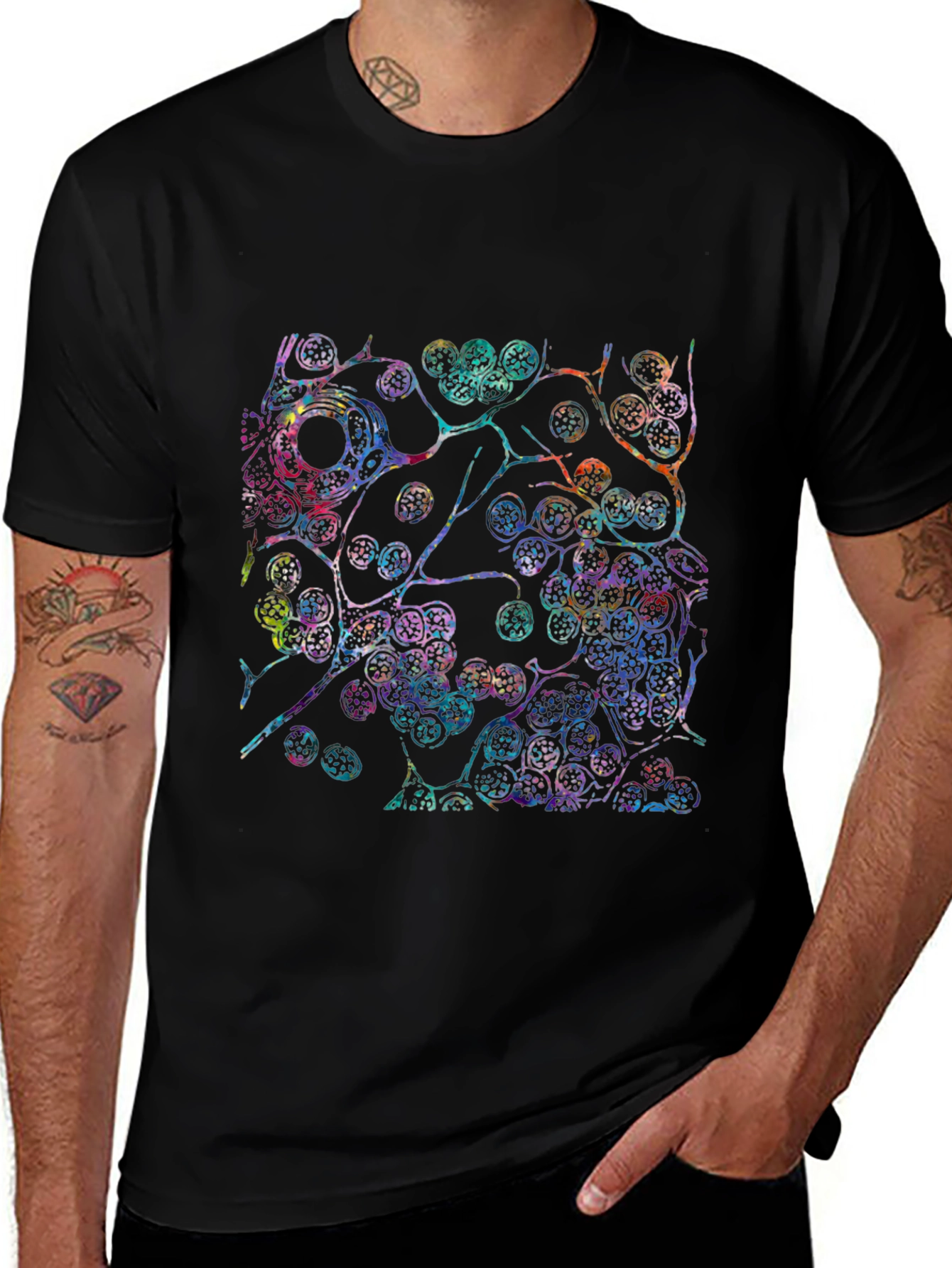 Colorful Cellular Print Black T-Shirt
