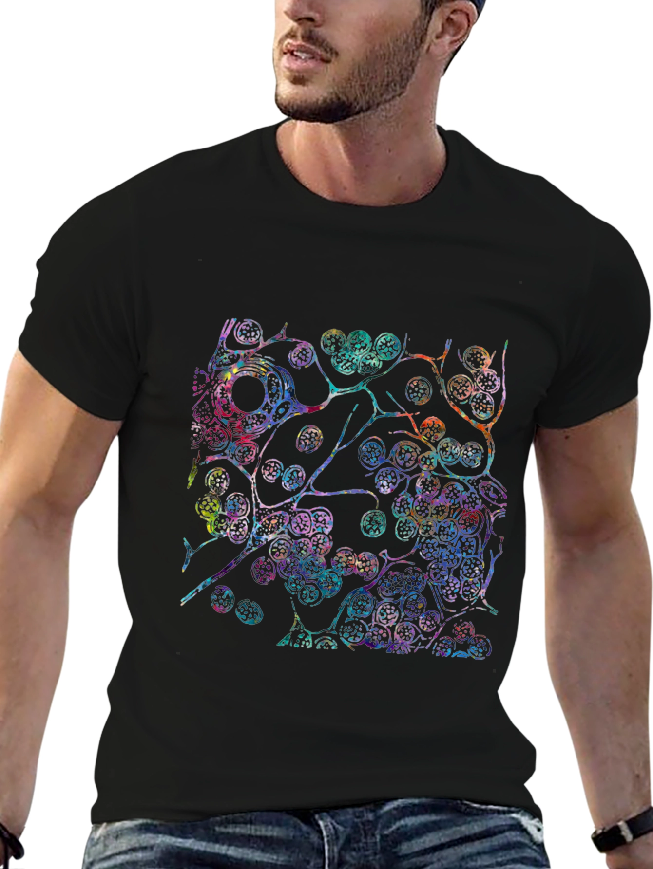 Colorful Cellular Print Black T-Shirt