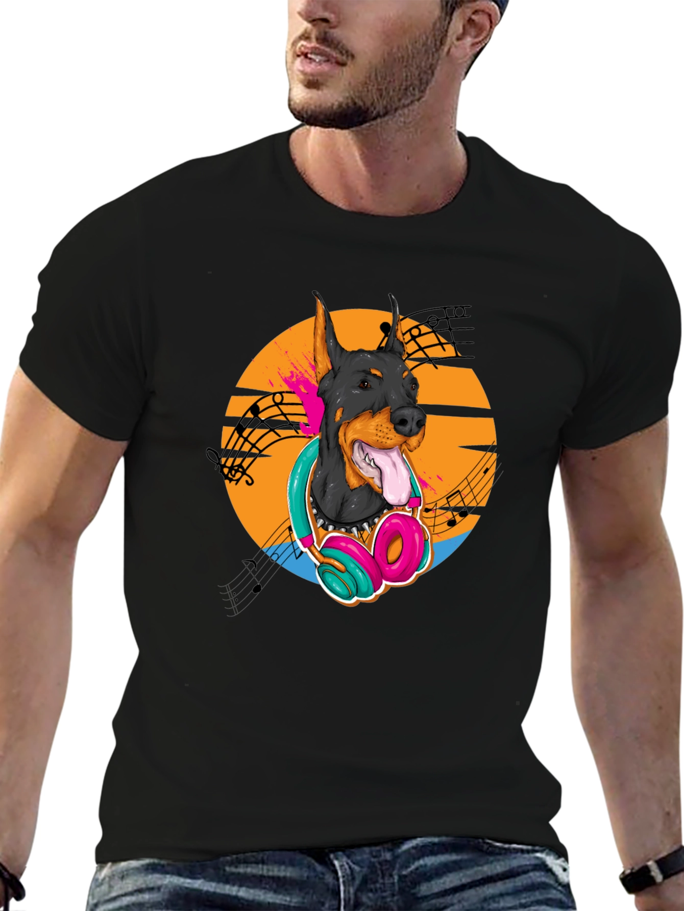 Doberman DJ Tee - Cool Dog with Headphones T-Shirt
