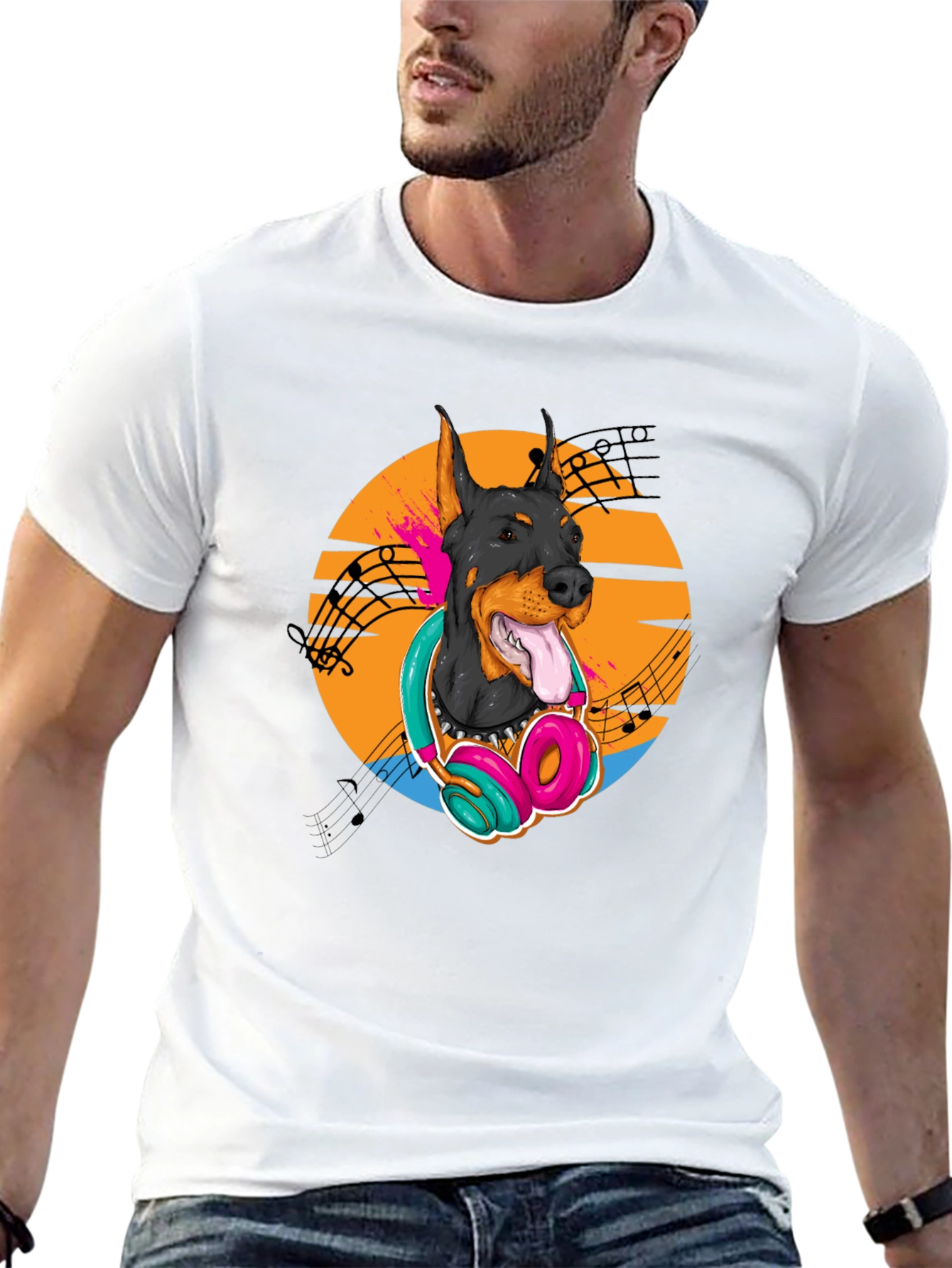 Doberman DJ Tee - Cool Dog with Headphones T-Shirt