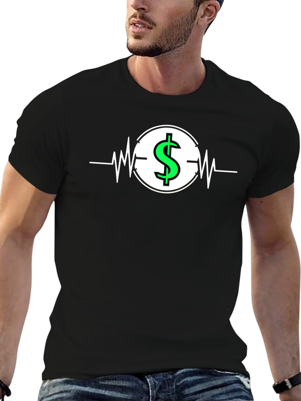 Dollar Sign Heartbeat Graphic T-Shirt - Black