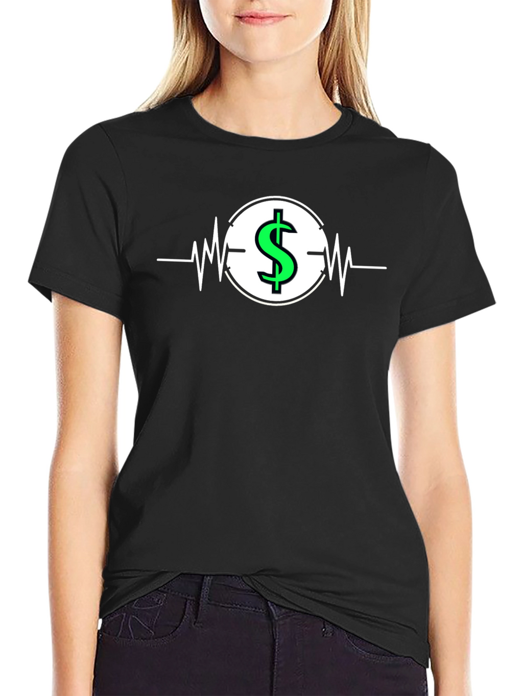 Dollar Sign Heartbeat Graphic T-Shirt - Black
