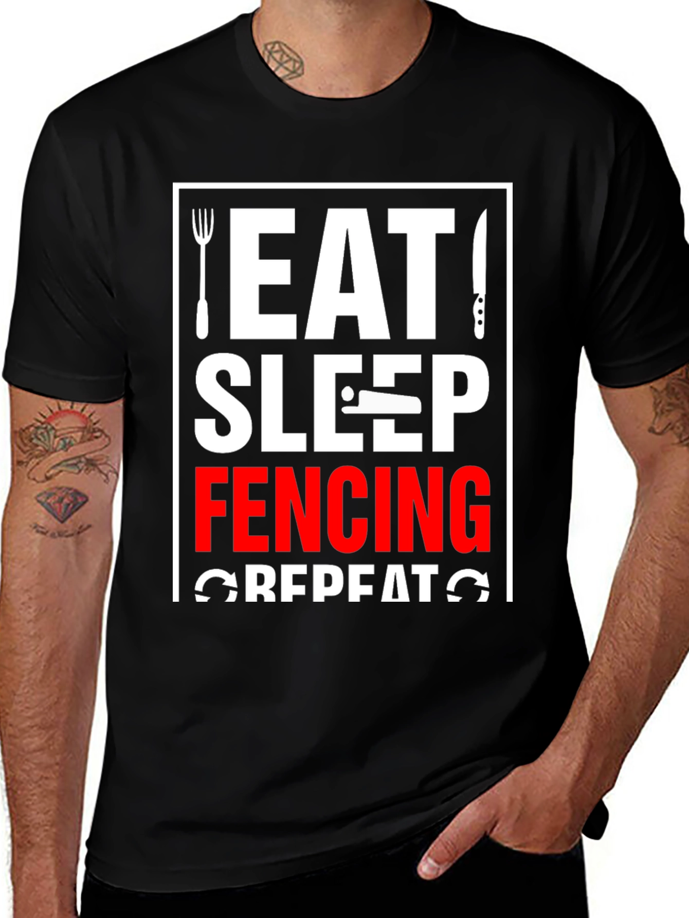 Eat Sleep Fencing Repeat T-Shirt - Black Graphic Tee