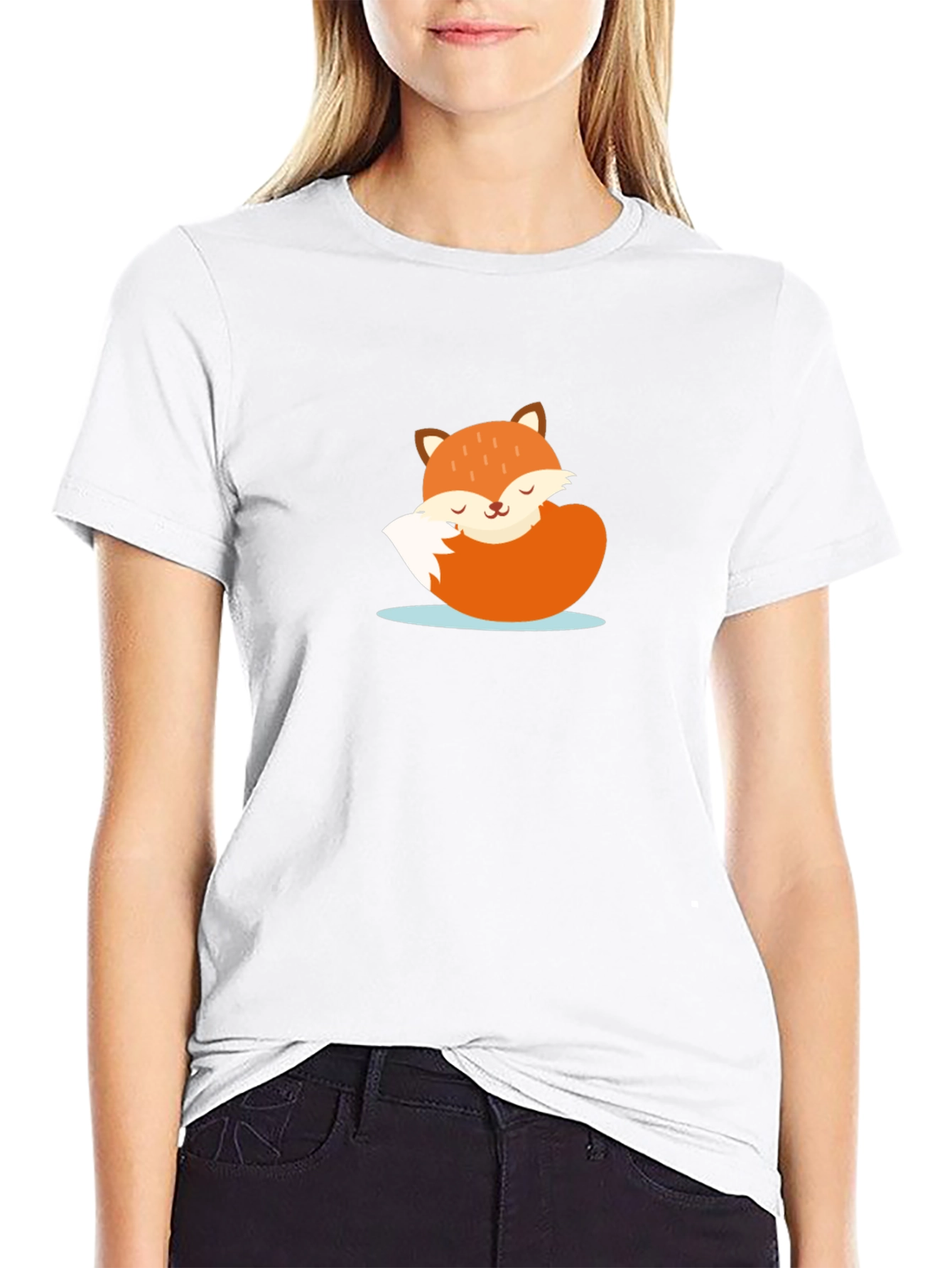 Cute Sleeping Fox Graphic Tee - Black Casual T-Shirt