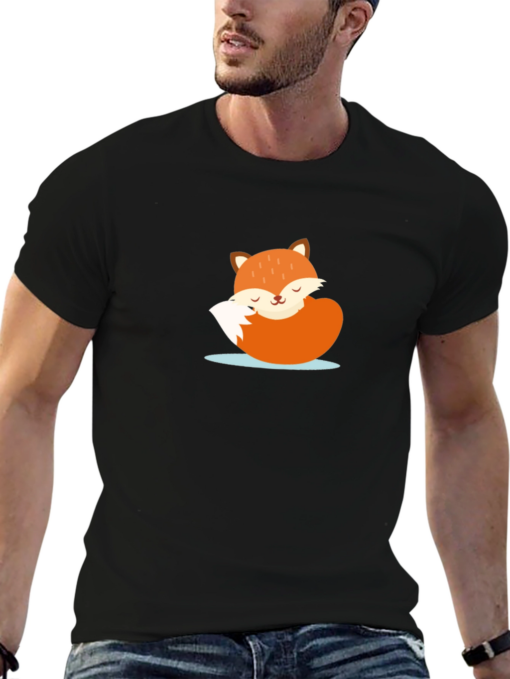 Cute Sleeping Fox Graphic Tee - Black Casual T-Shirt