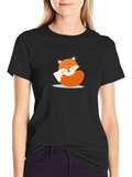 Cute Sleeping Fox Graphic Tee - Black Casual T-Shirt