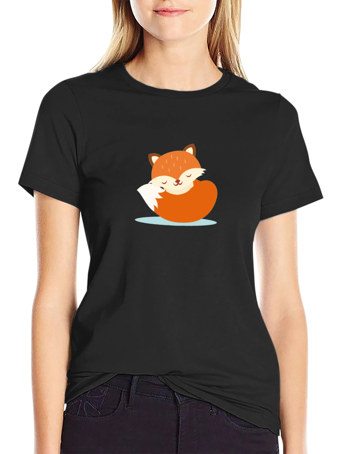 Cute Sleeping Fox Graphic Tee - Black Casual T-Shirt