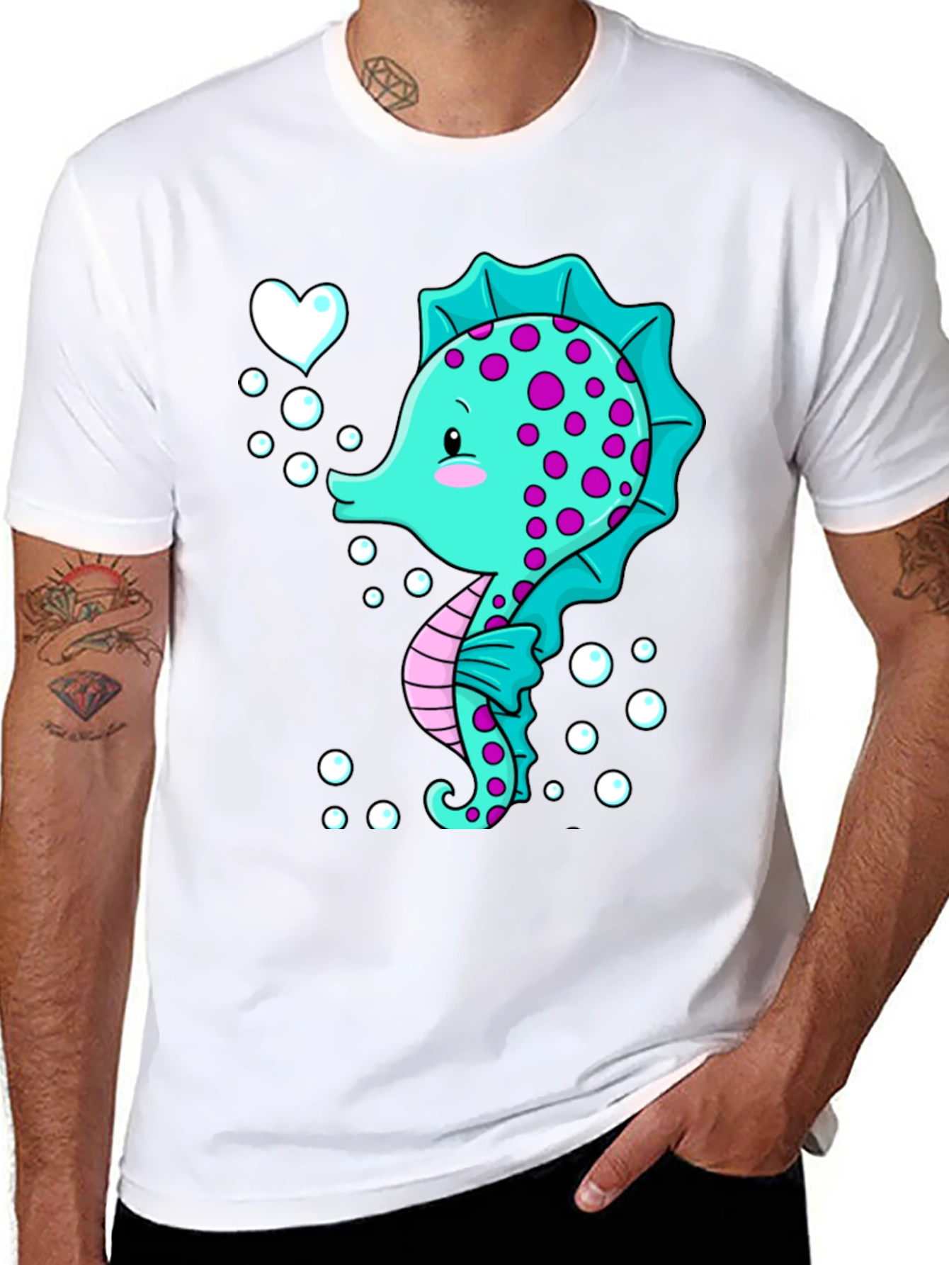 Cute Seahorse Graphic Tee - Black Cotton T-Shirt