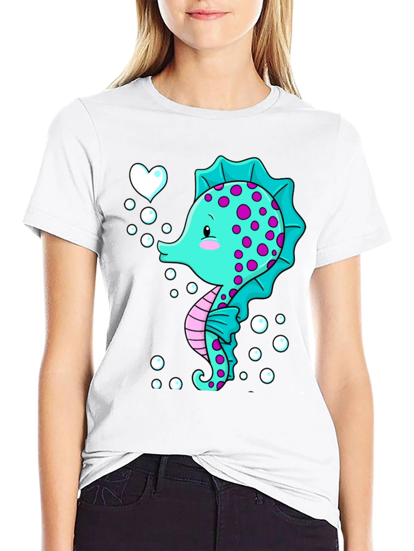 Cute Seahorse Graphic Tee - Black Cotton T-Shirt