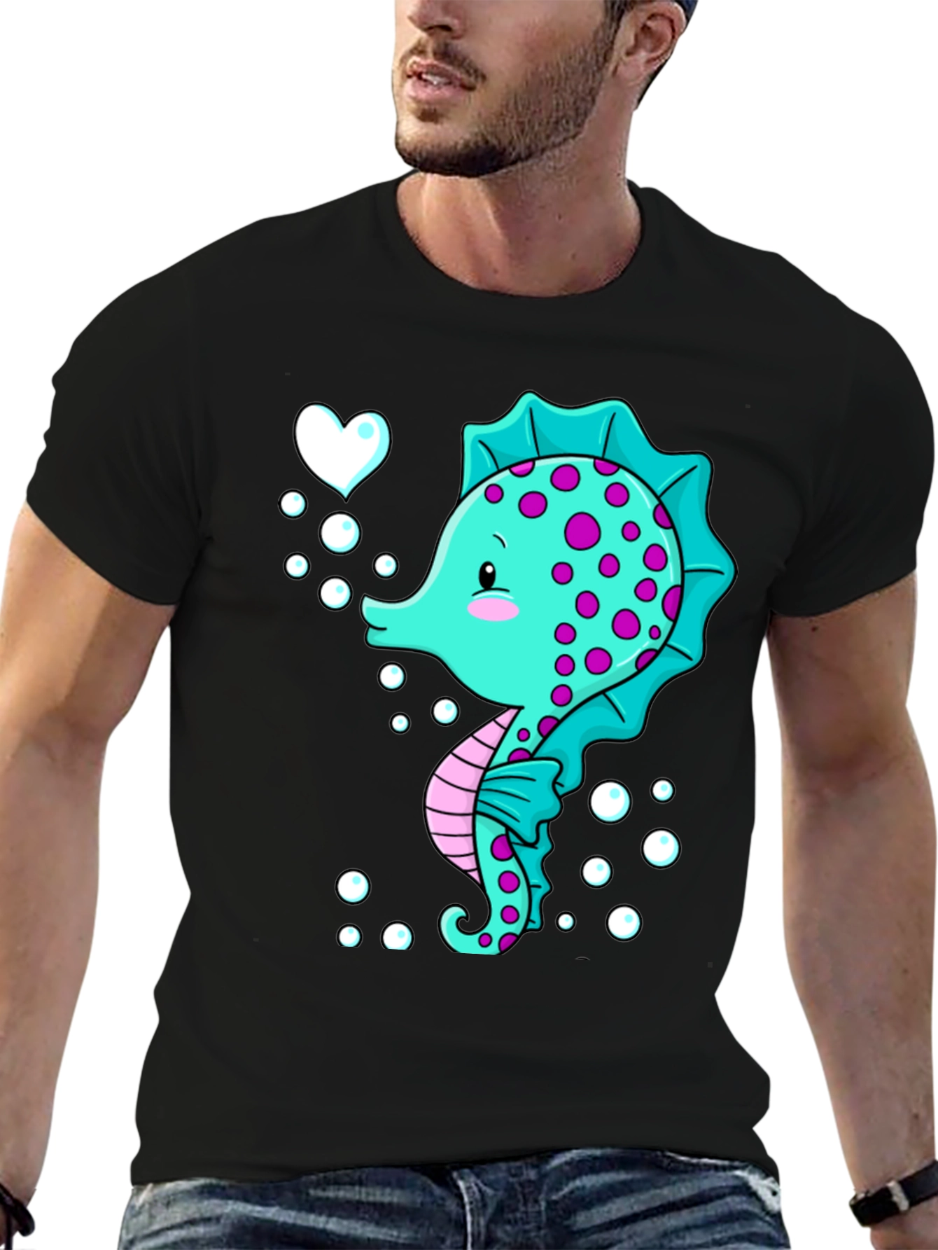 Cute Seahorse Graphic Tee - Black Cotton T-Shirt