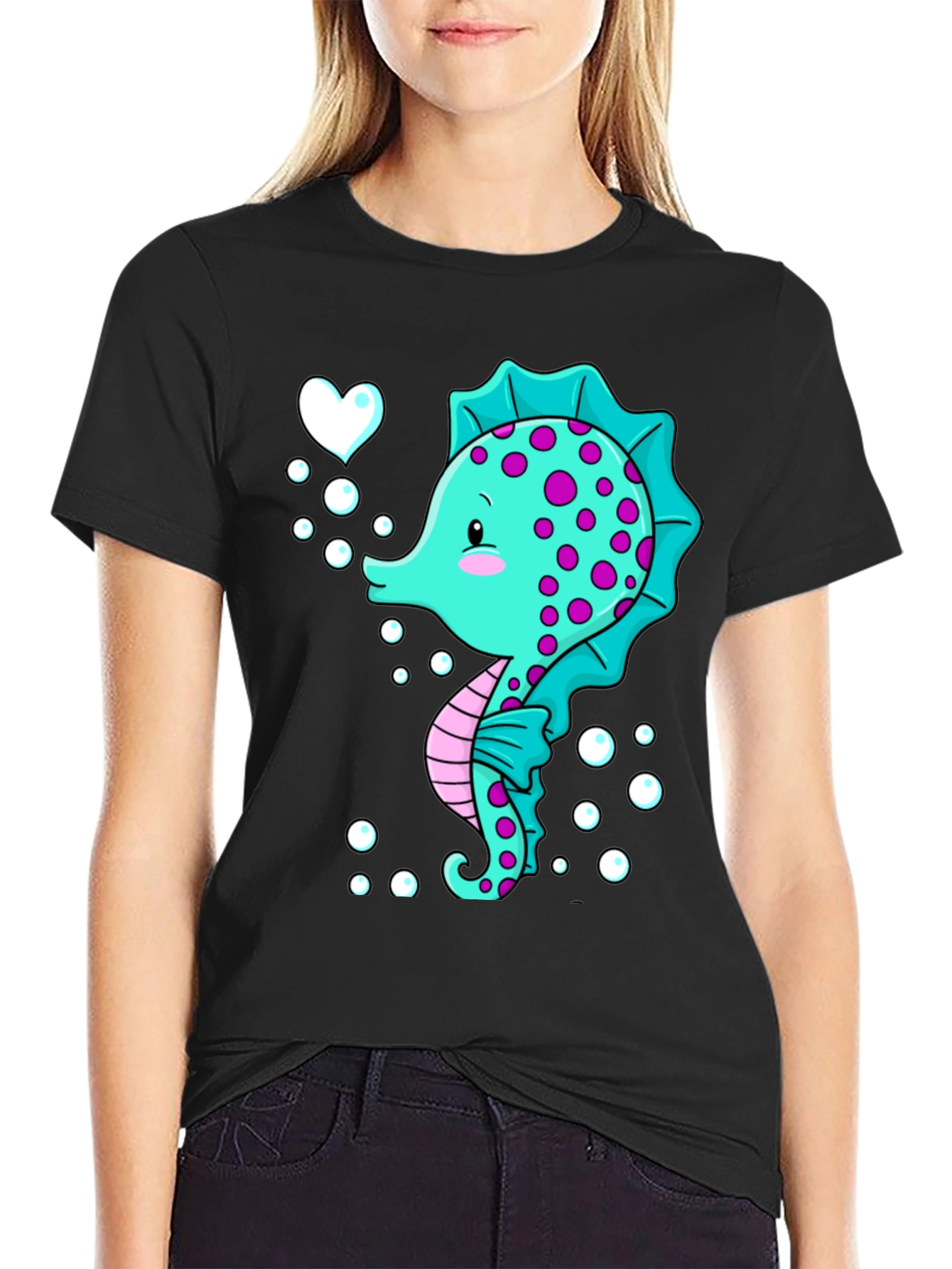 Cute Seahorse Graphic Tee - Black Cotton T-Shirt