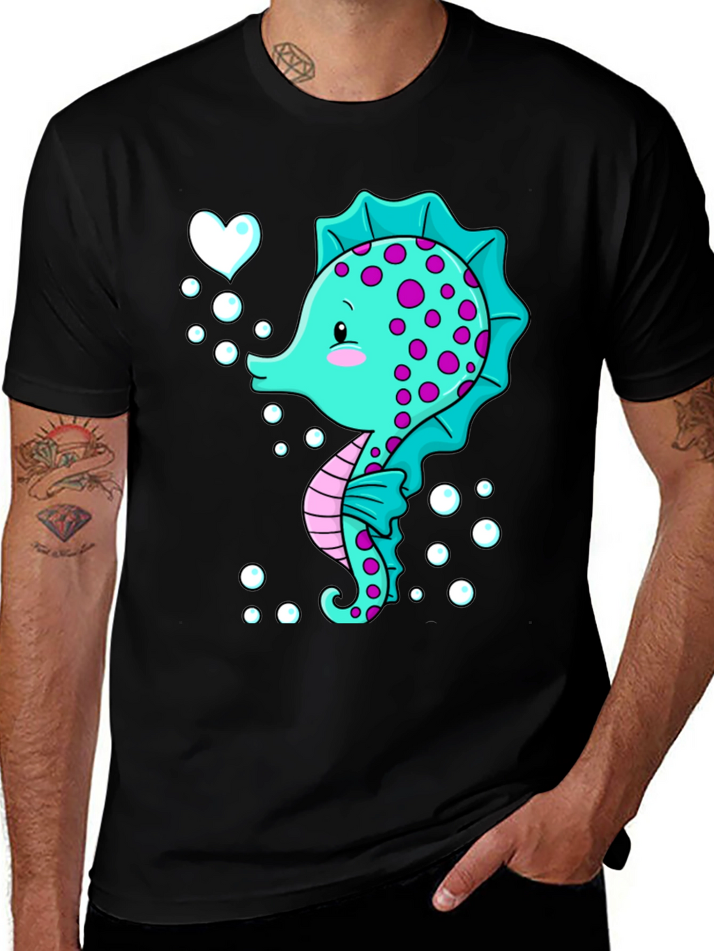 Cute Seahorse Graphic Tee - Black Cotton T-Shirt