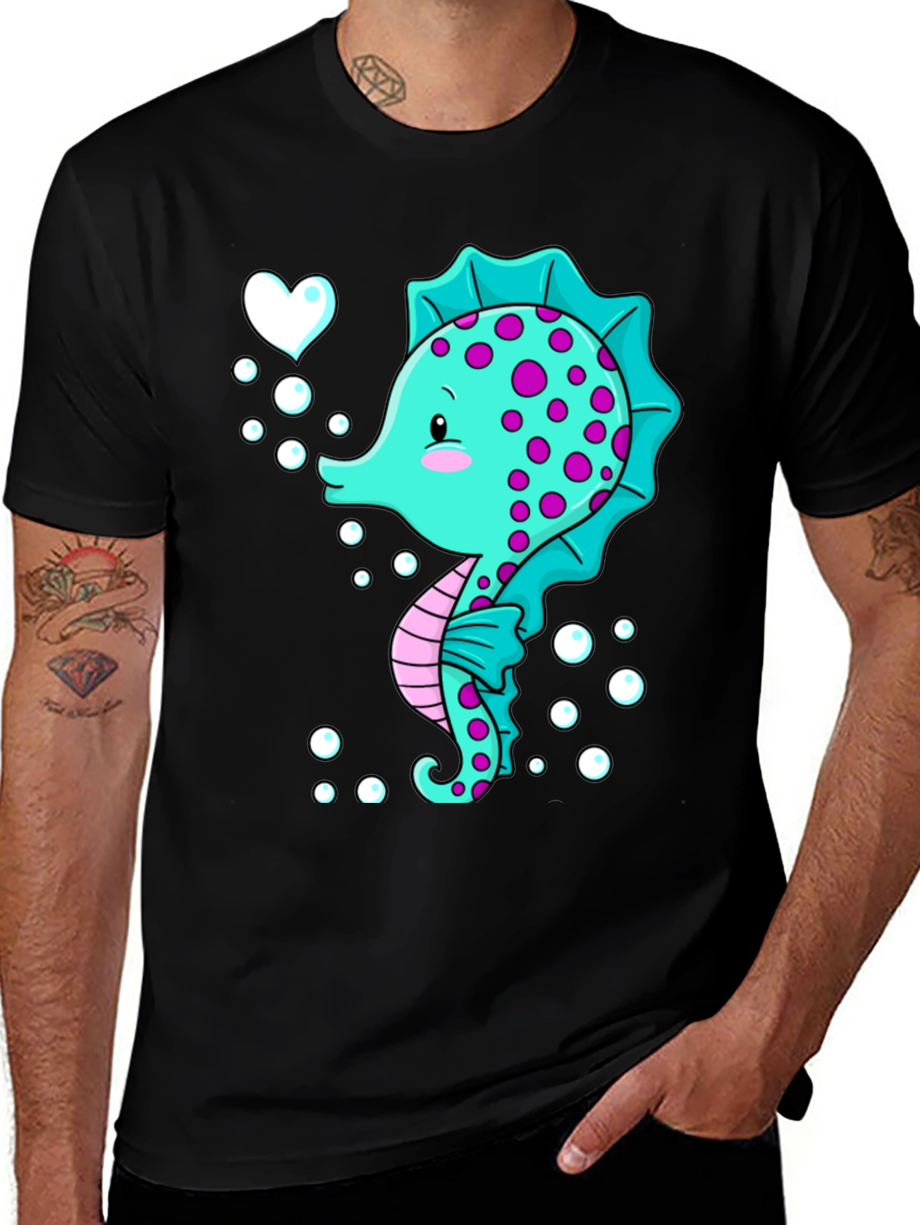 Cute Seahorse Graphic Tee - Black Cotton T-Shirt