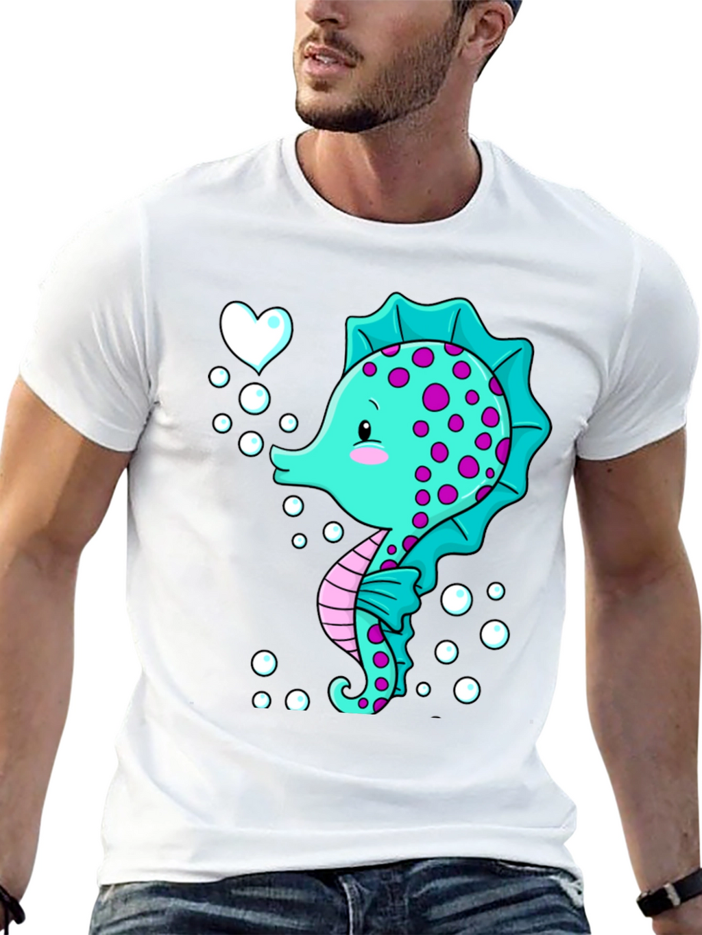 Cute Seahorse Graphic Tee - Black Cotton T-Shirt