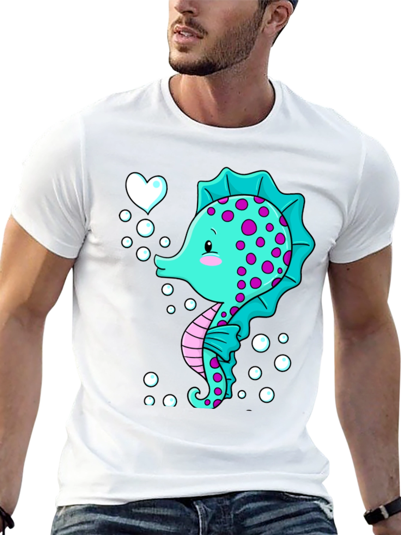 Cute Seahorse Graphic Tee - Black Cotton T-Shirt