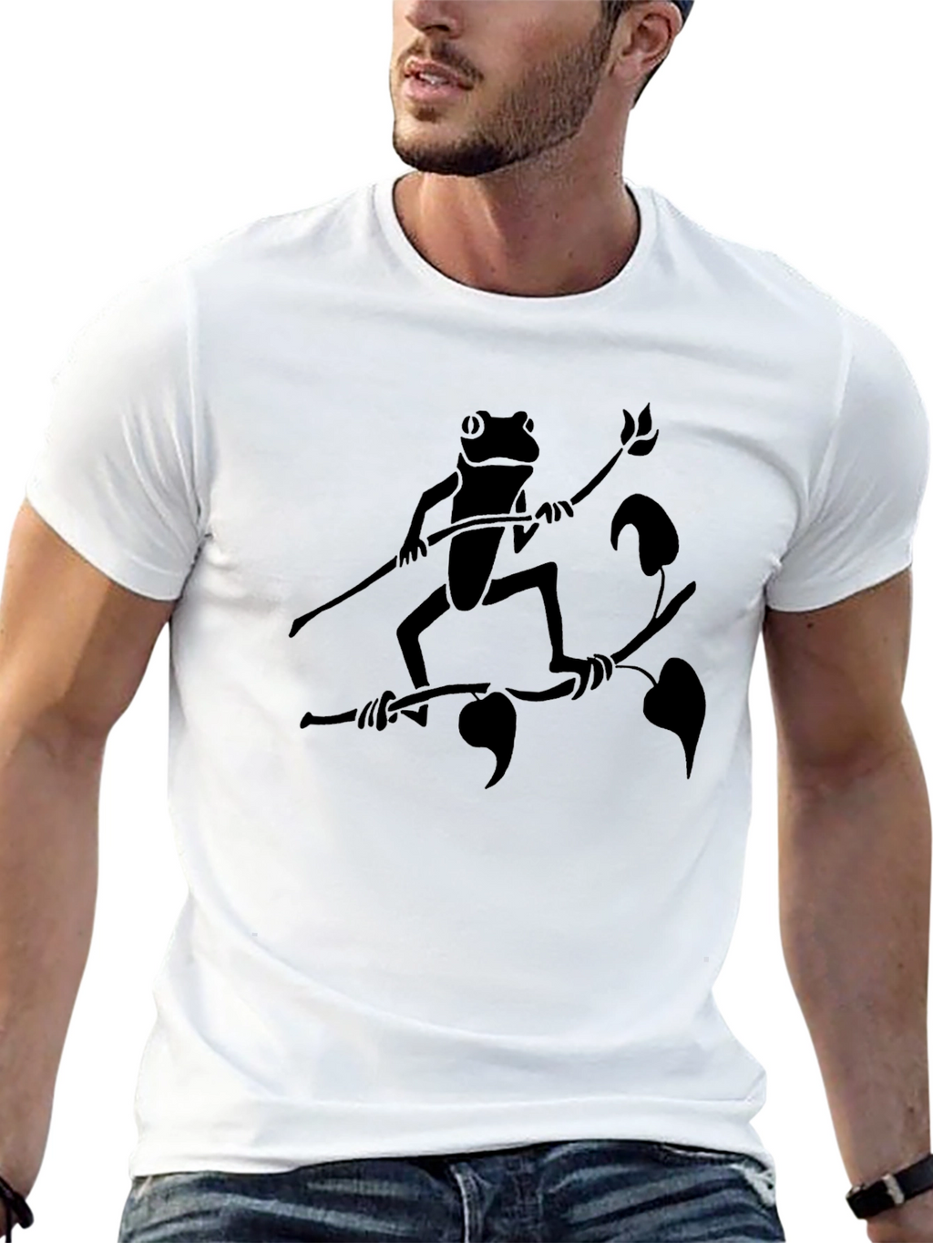 Frog on Branch Graphic Tee - Black Cotton