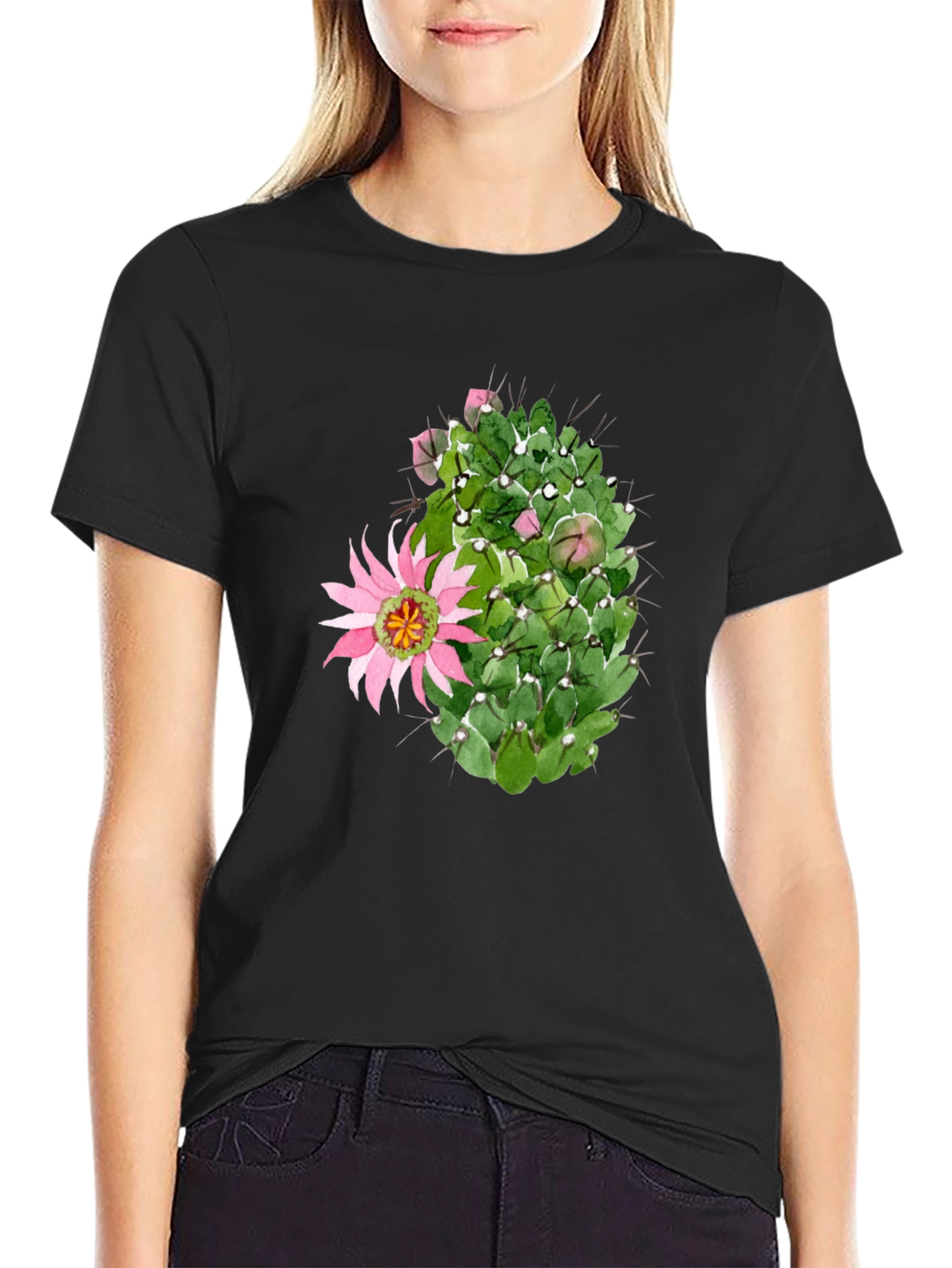 Cactus Flower Graphic Tee - Black Cotton