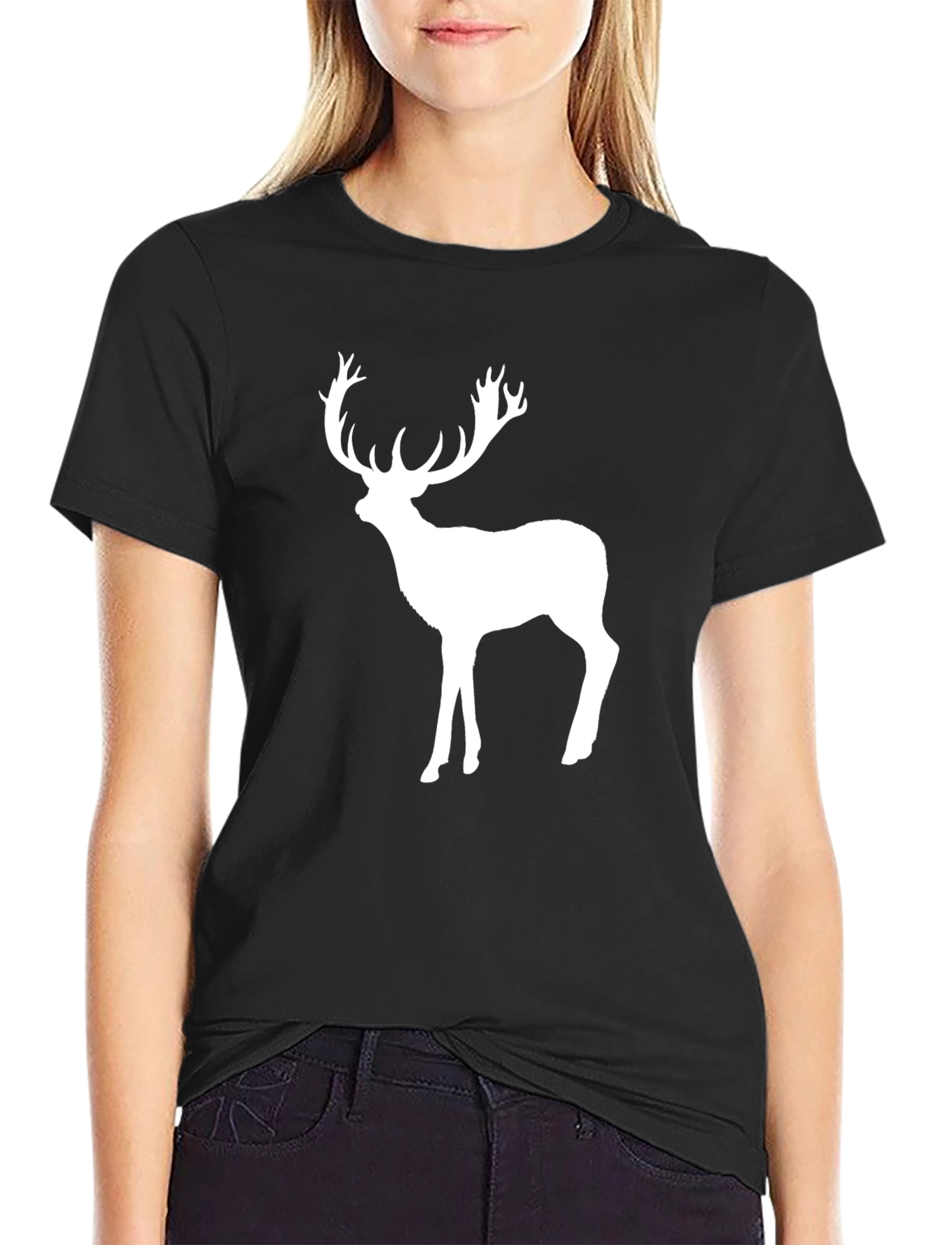 Mens Black T-Shirt with White Deer Graphic