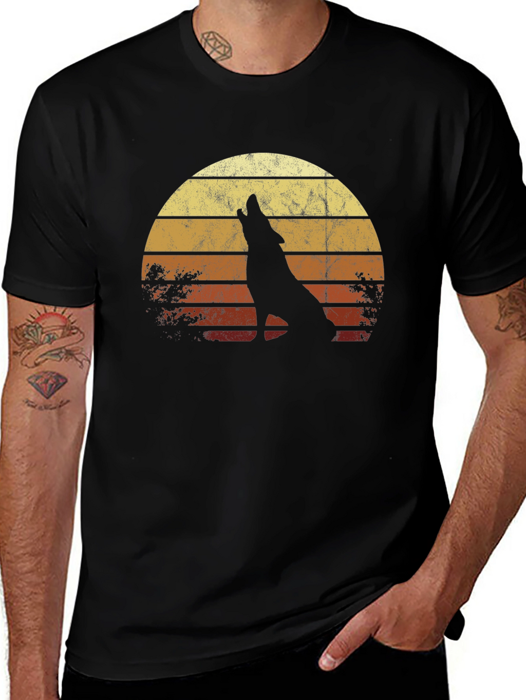 Retro Wolf Sunset Graphic Tee - Black