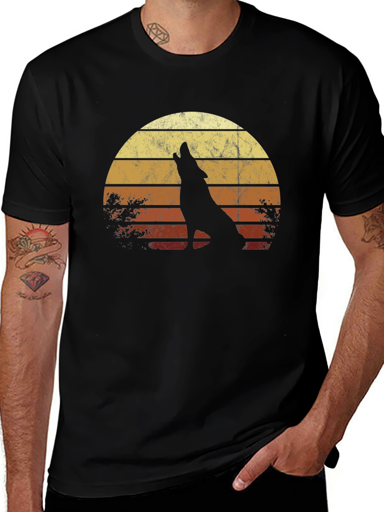 Retro Wolf Sunset Graphic Tee - Black