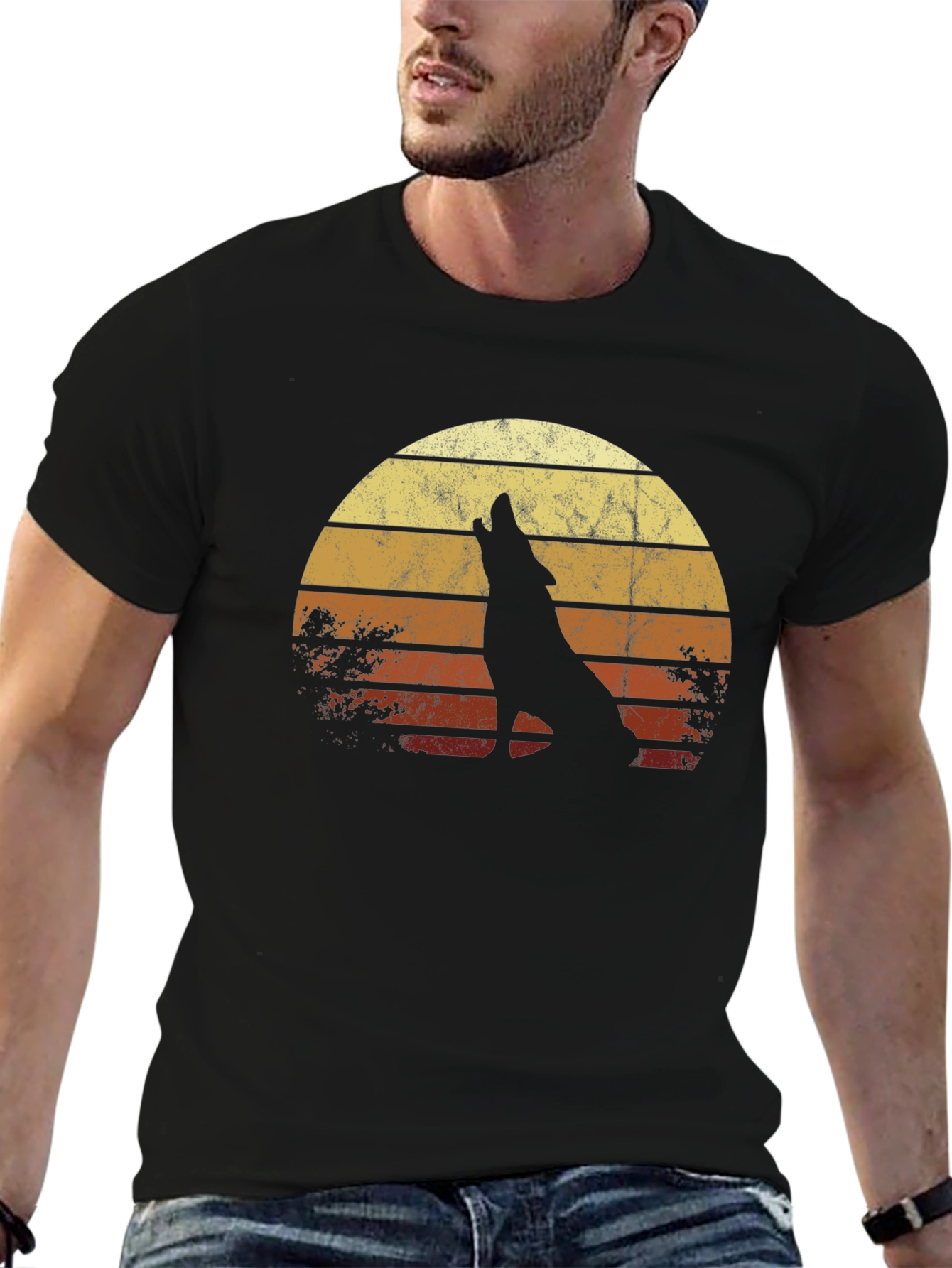 Retro Wolf Sunset Graphic Tee - Black