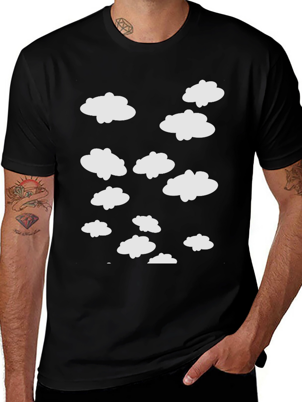 Cloud Pattern Crew Neck T-Shirt - Black