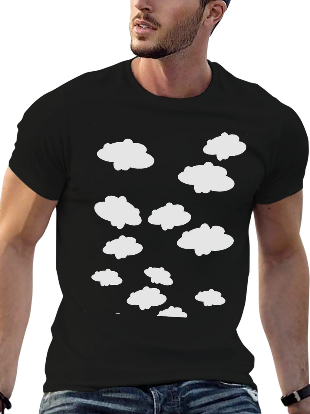 Cloud Pattern Crew Neck T-Shirt - Black