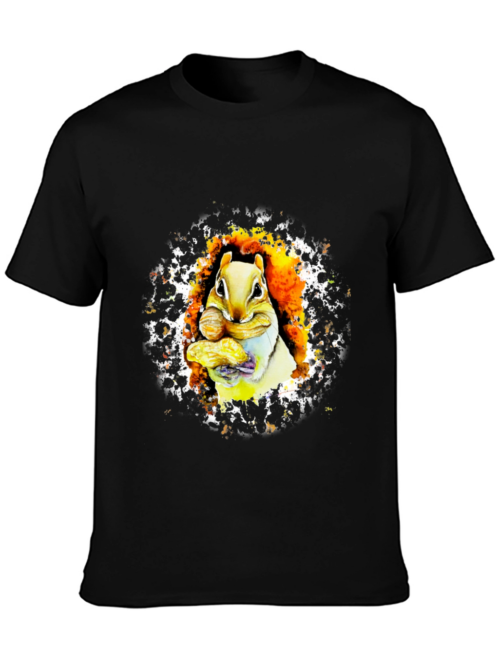 Squirrel Eating Nut Graphic Black T-Shirt