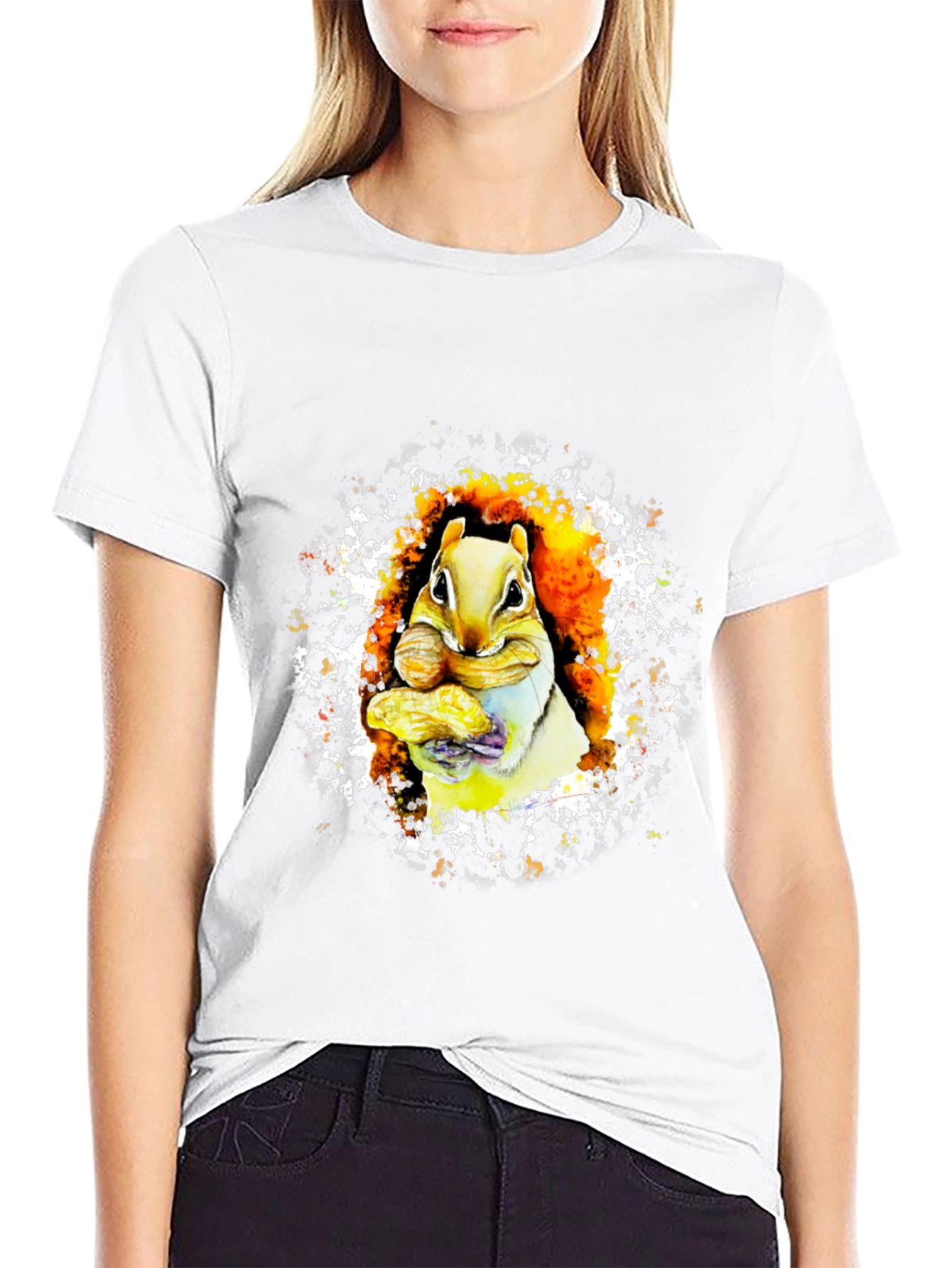 Squirrel Eating Nut Graphic Black T-Shirt