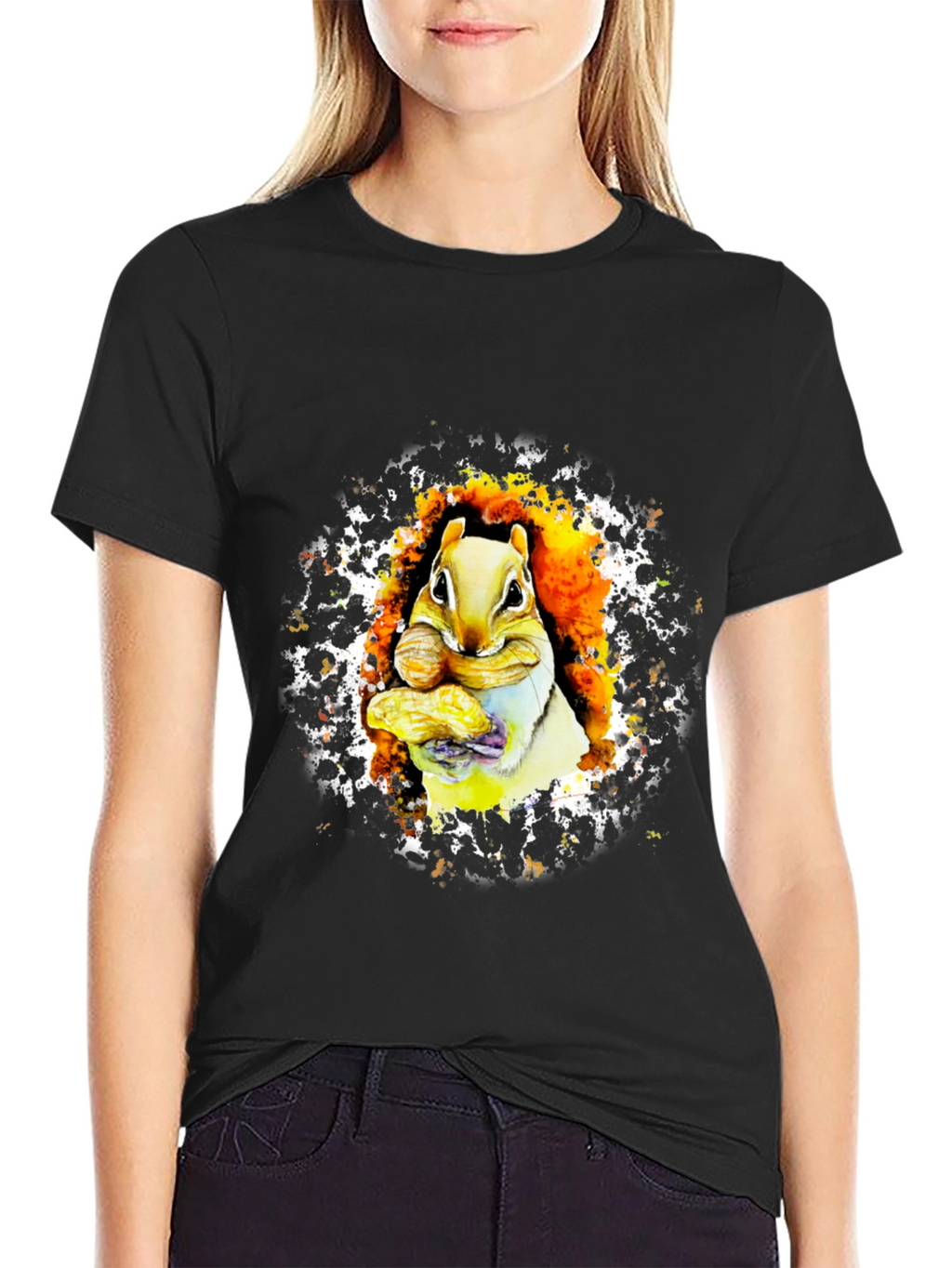 Squirrel Eating Nut Graphic Black T-Shirt
