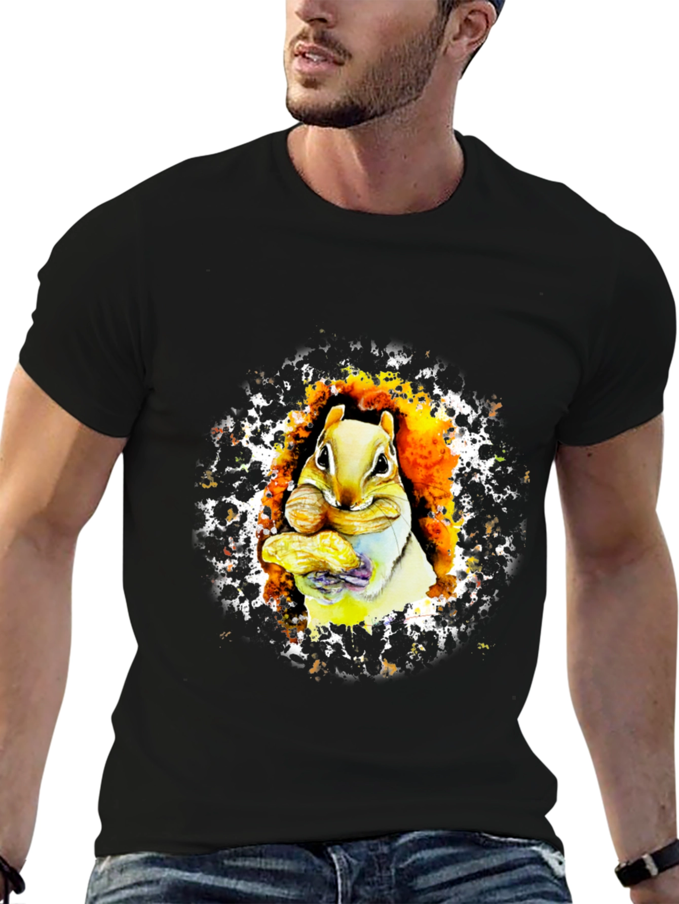 Squirrel Eating Nut Graphic Black T-Shirt