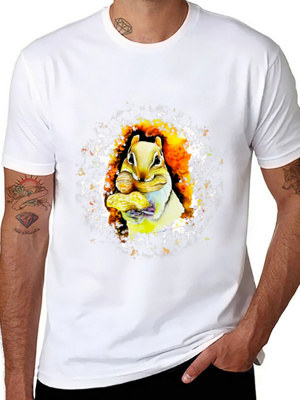 Squirrel Eating Nut Graphic Black T-Shirt